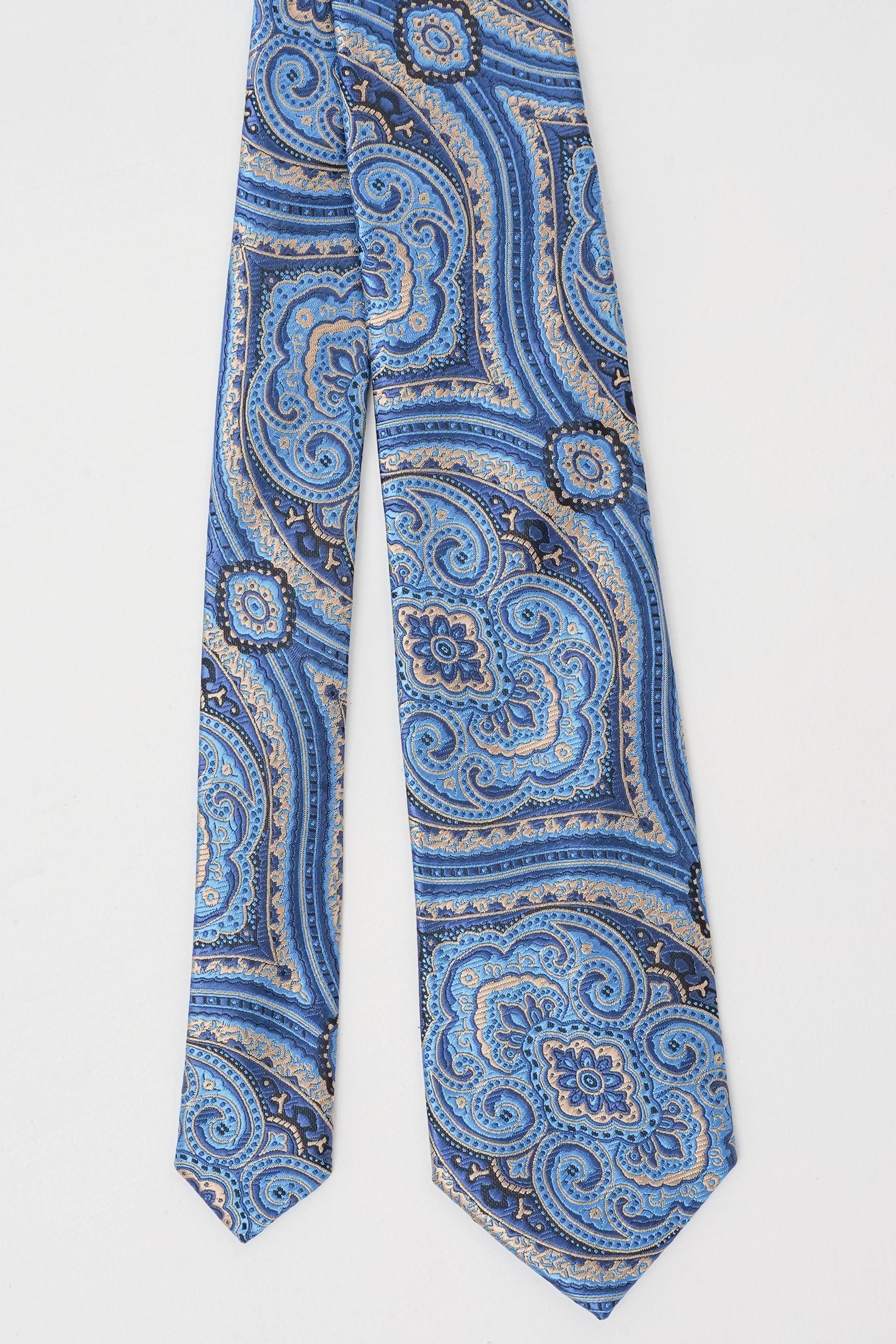 Poly silk tie with blue paisley print, draped long length
