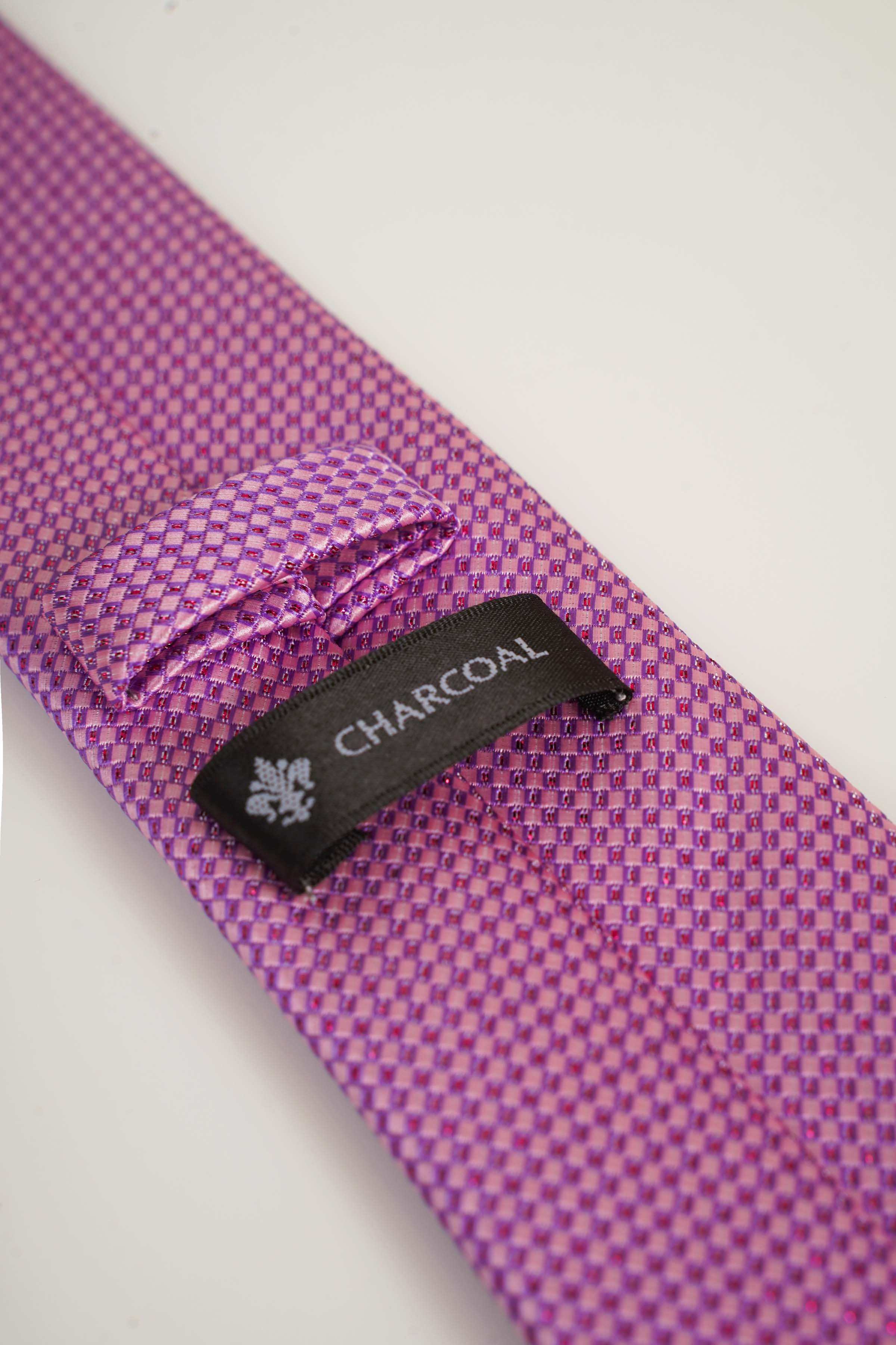 Purple poly silk tie with Charcoal brand label and micro-pattern