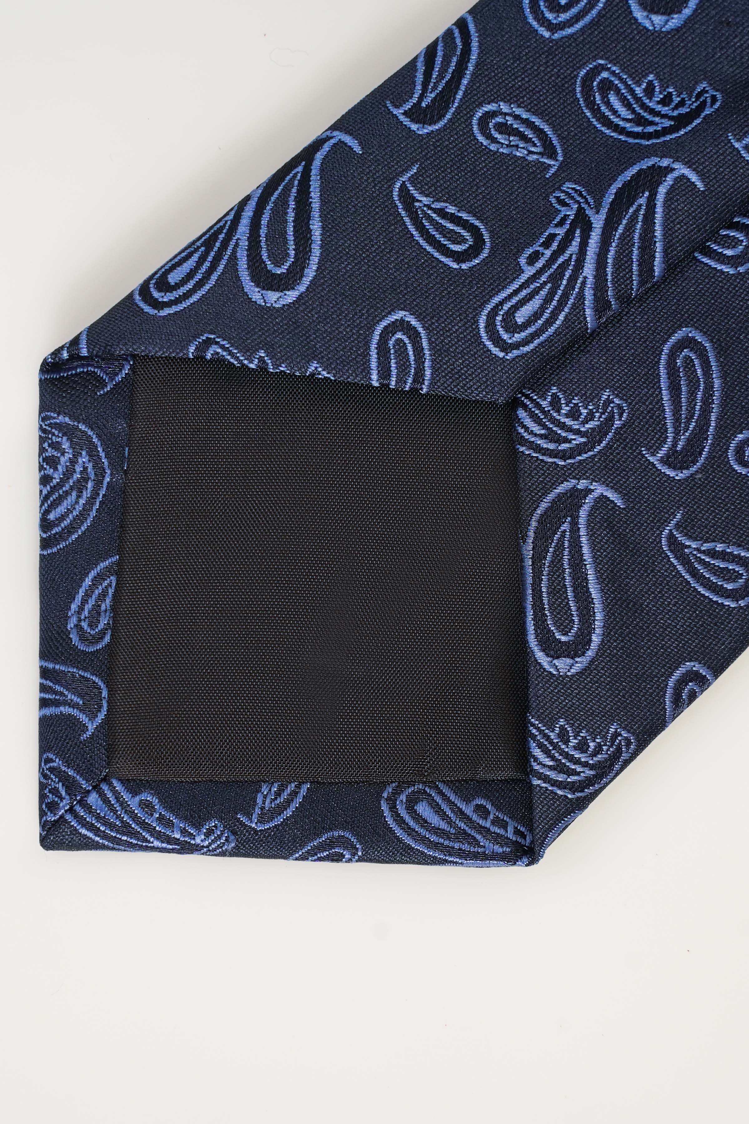 Blue patterned poly silk tie with paisley motifs and solid dark inset