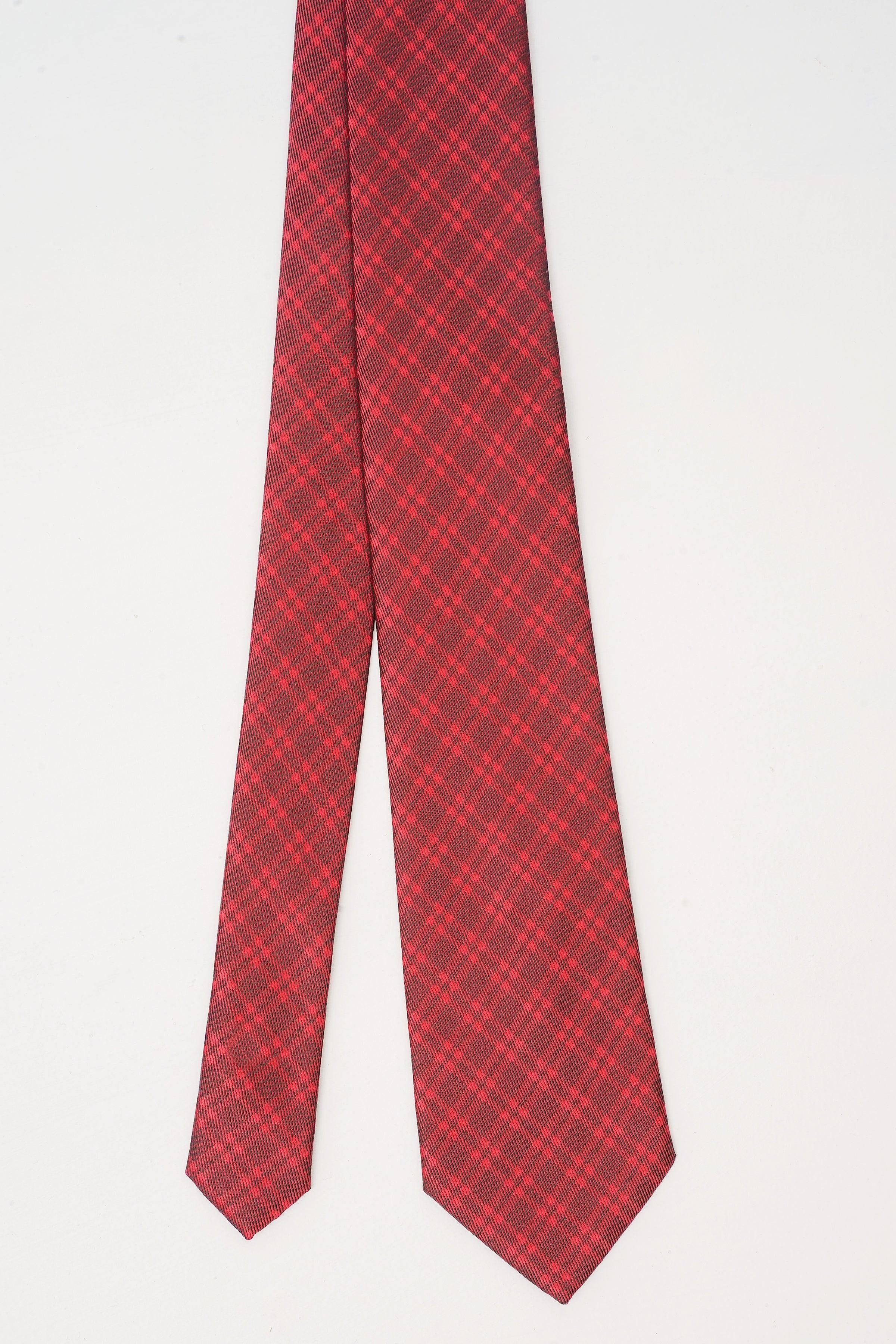 Red check poly silk tie shown hanging side-by-side