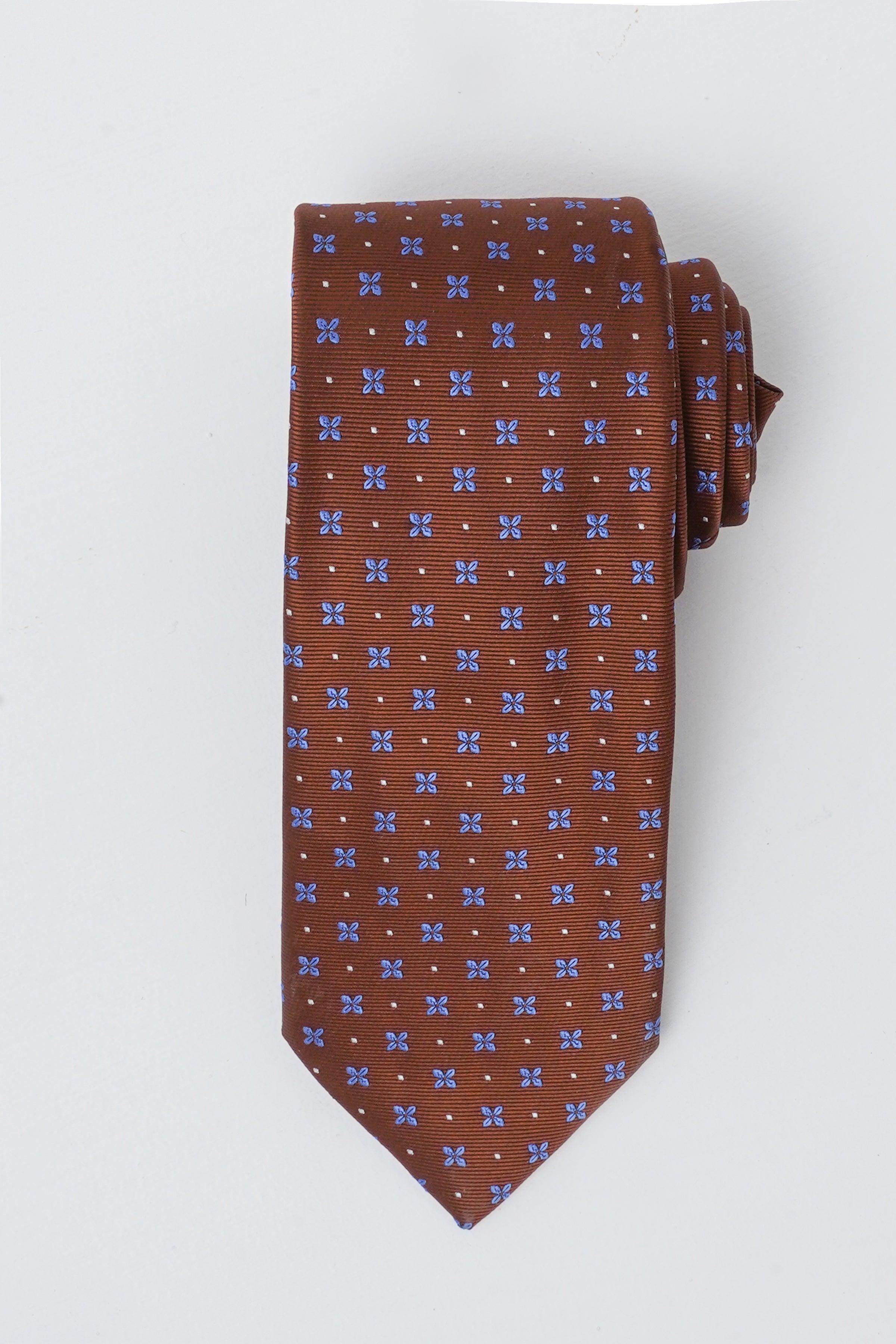 Brown patterned necktie with small blue and light motifs.
