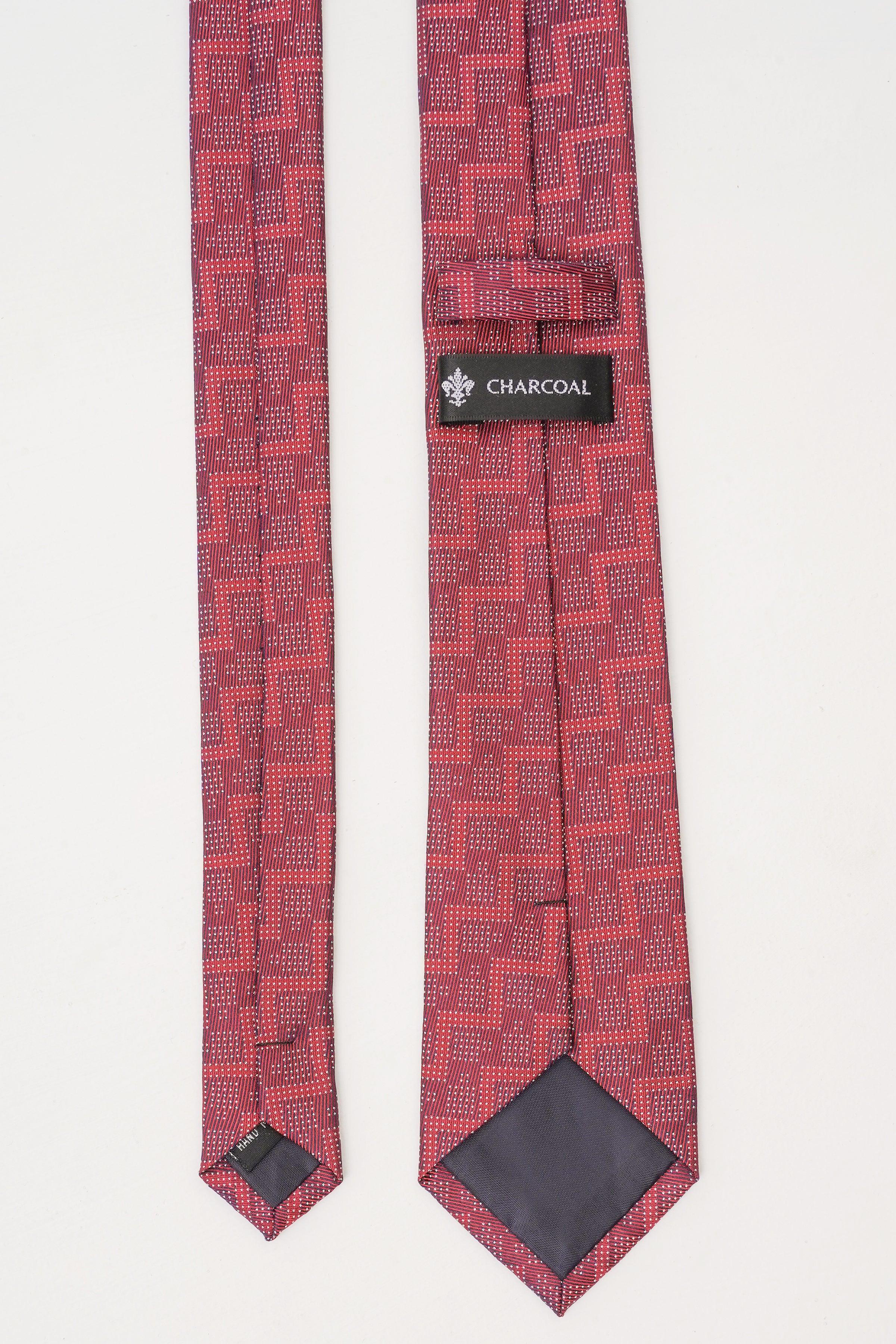 Poly silk tie with burgundy geometric square pattern and Charcoal branded label
