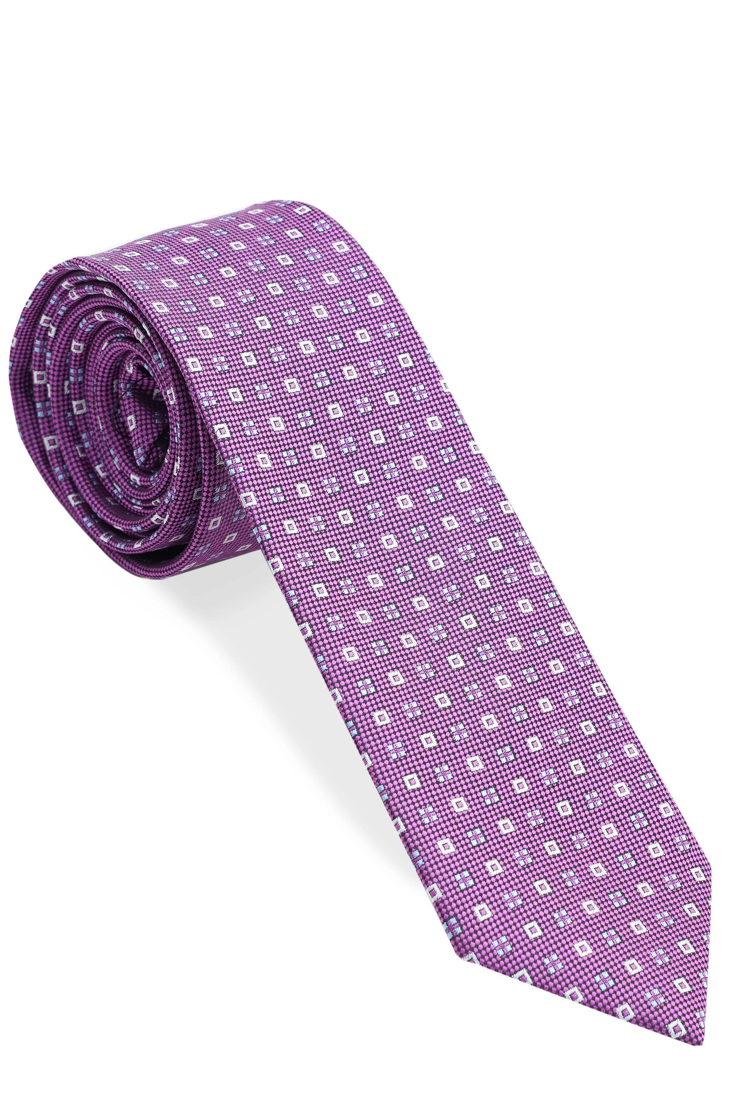 Patterned tie, purple with small white squares; rolled view.