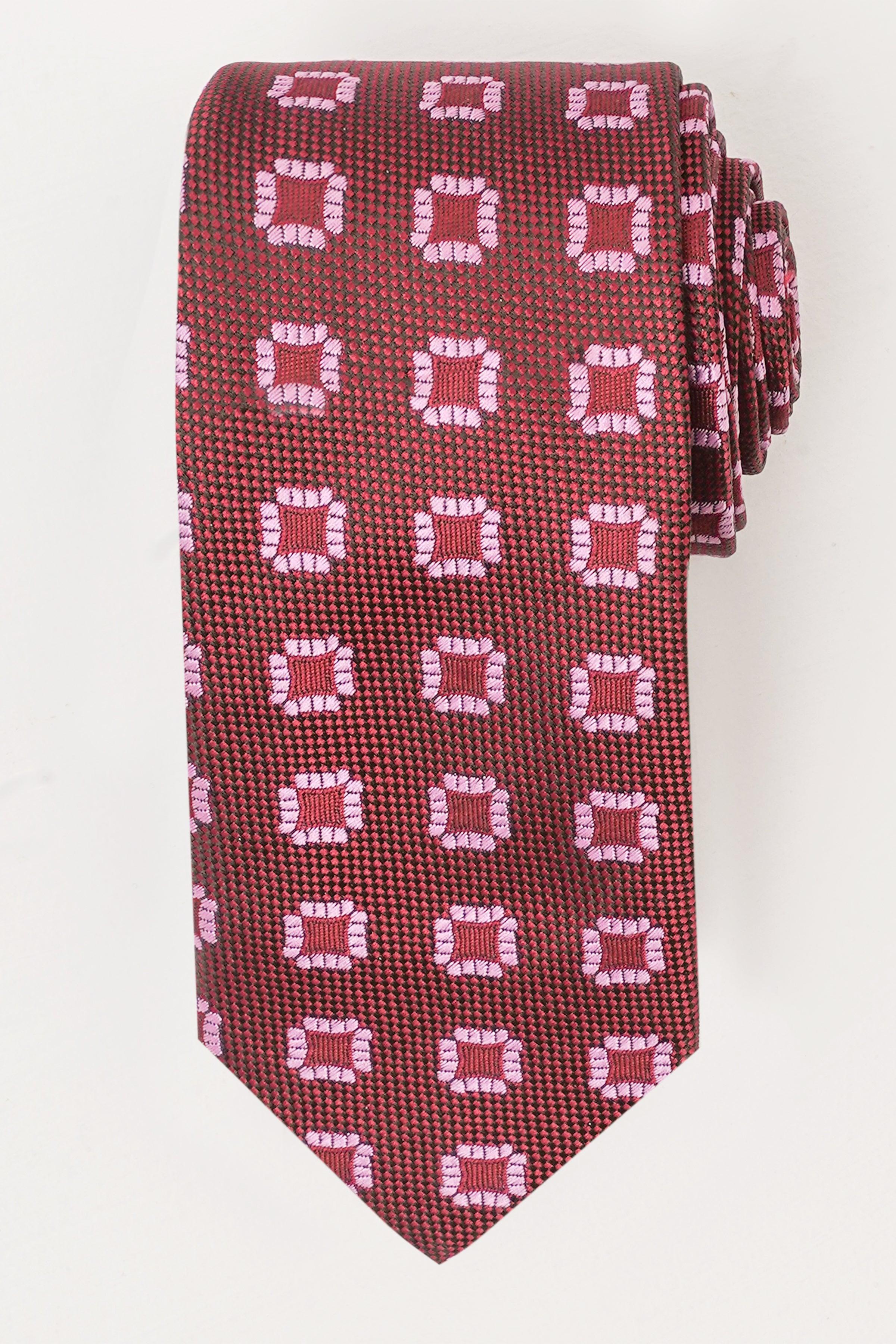 Poly silk tie in dark red with white geometric square pattern