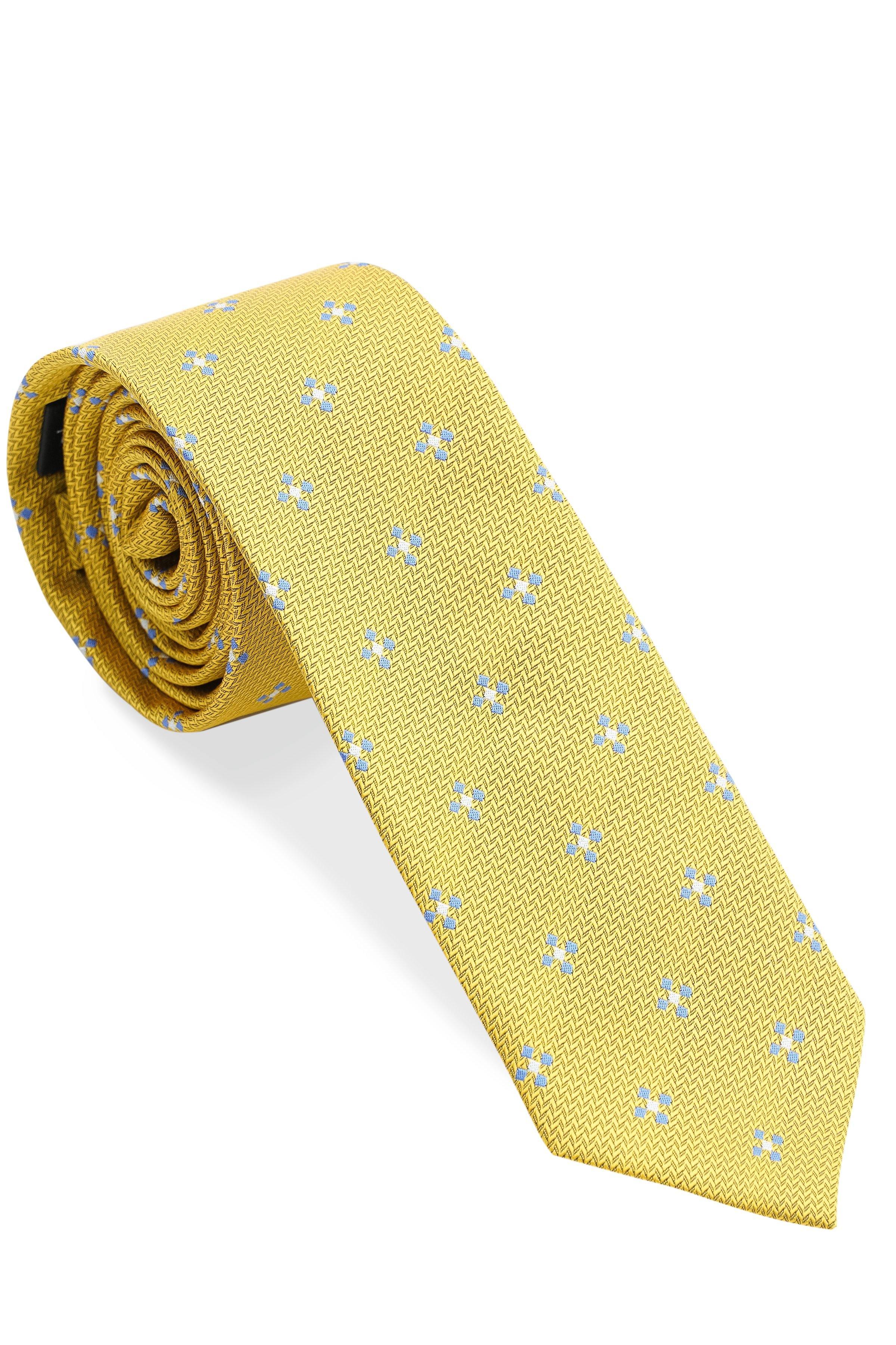 Yellow poly silk tie with blue star print, textured weave
