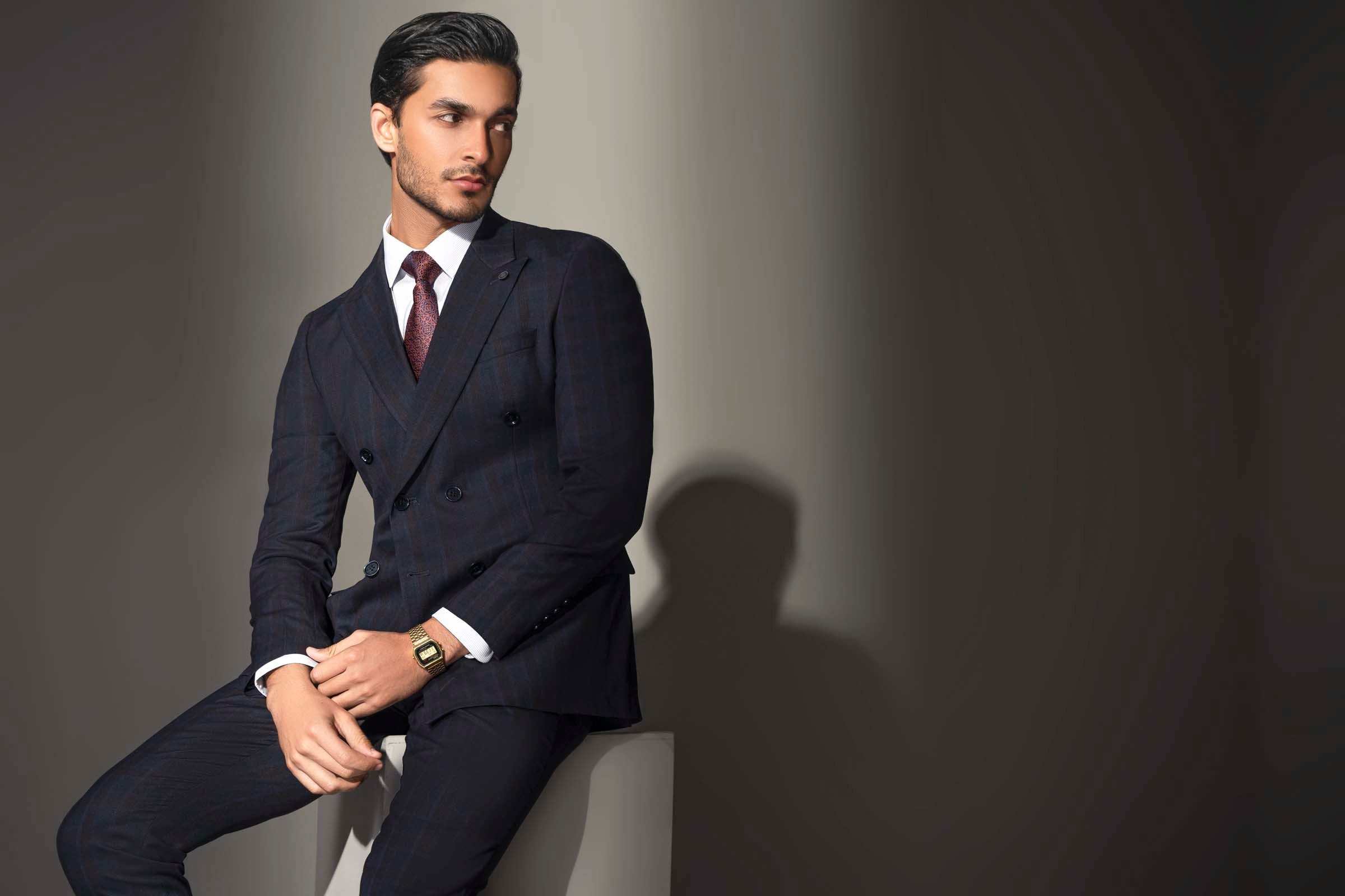 Navy check double-breasted suit jacket and trousers in tailored fit