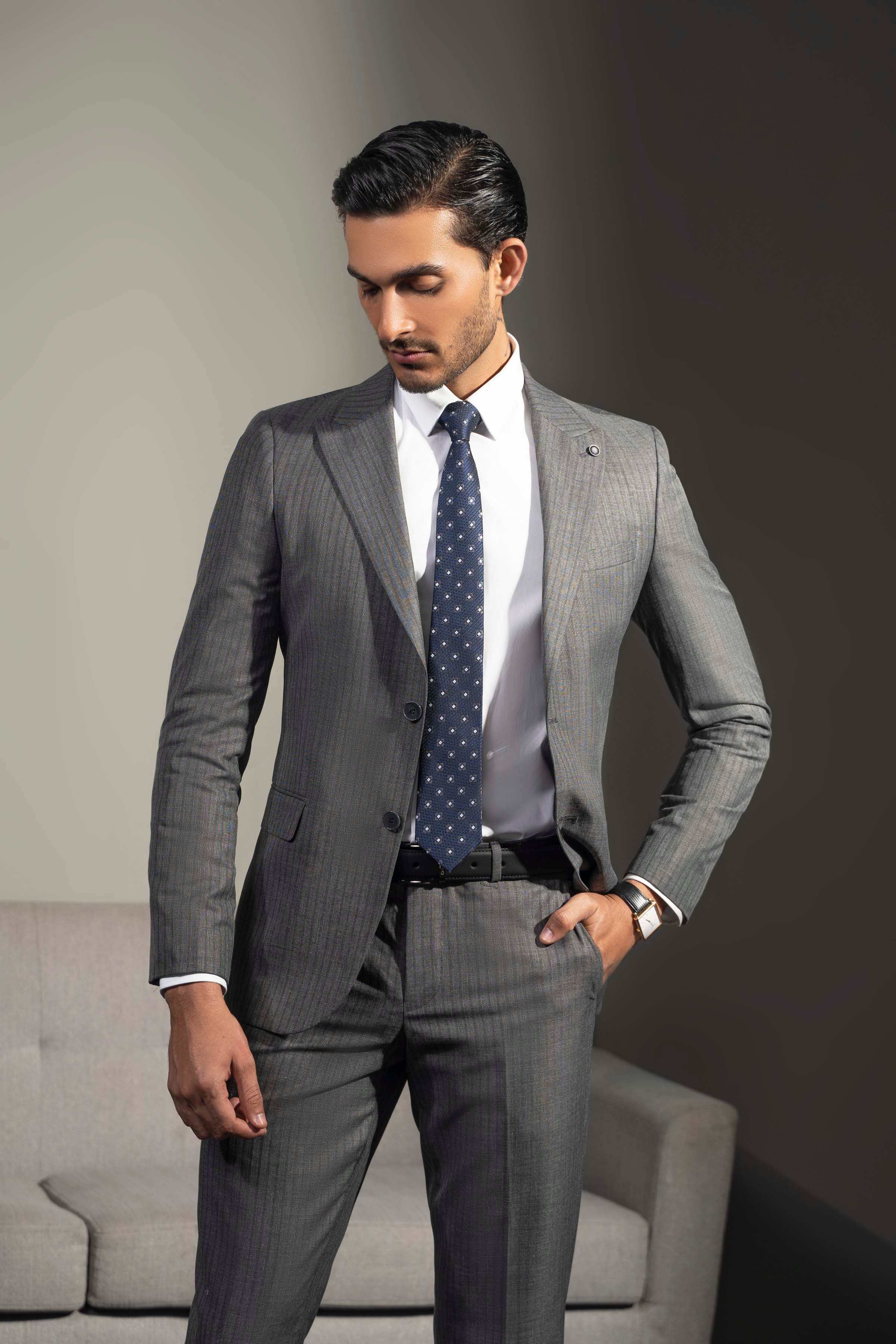 PREMIUM 2 PIECE SUIT GREY STRIPER at Charcoal Clothing