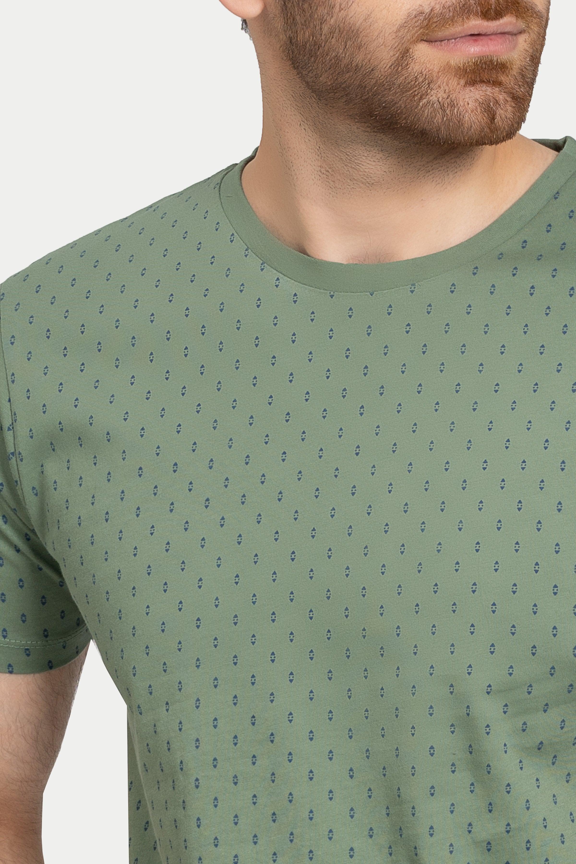 Green crewneck printed T-shirt neckline with small dot pattern