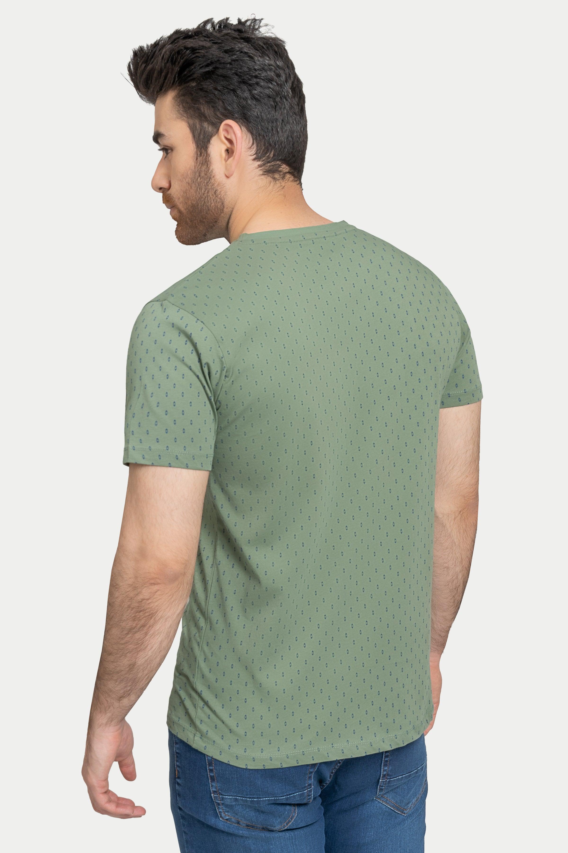 Green crewneck short-sleeve printed T-shirt, back view with dot pattern
