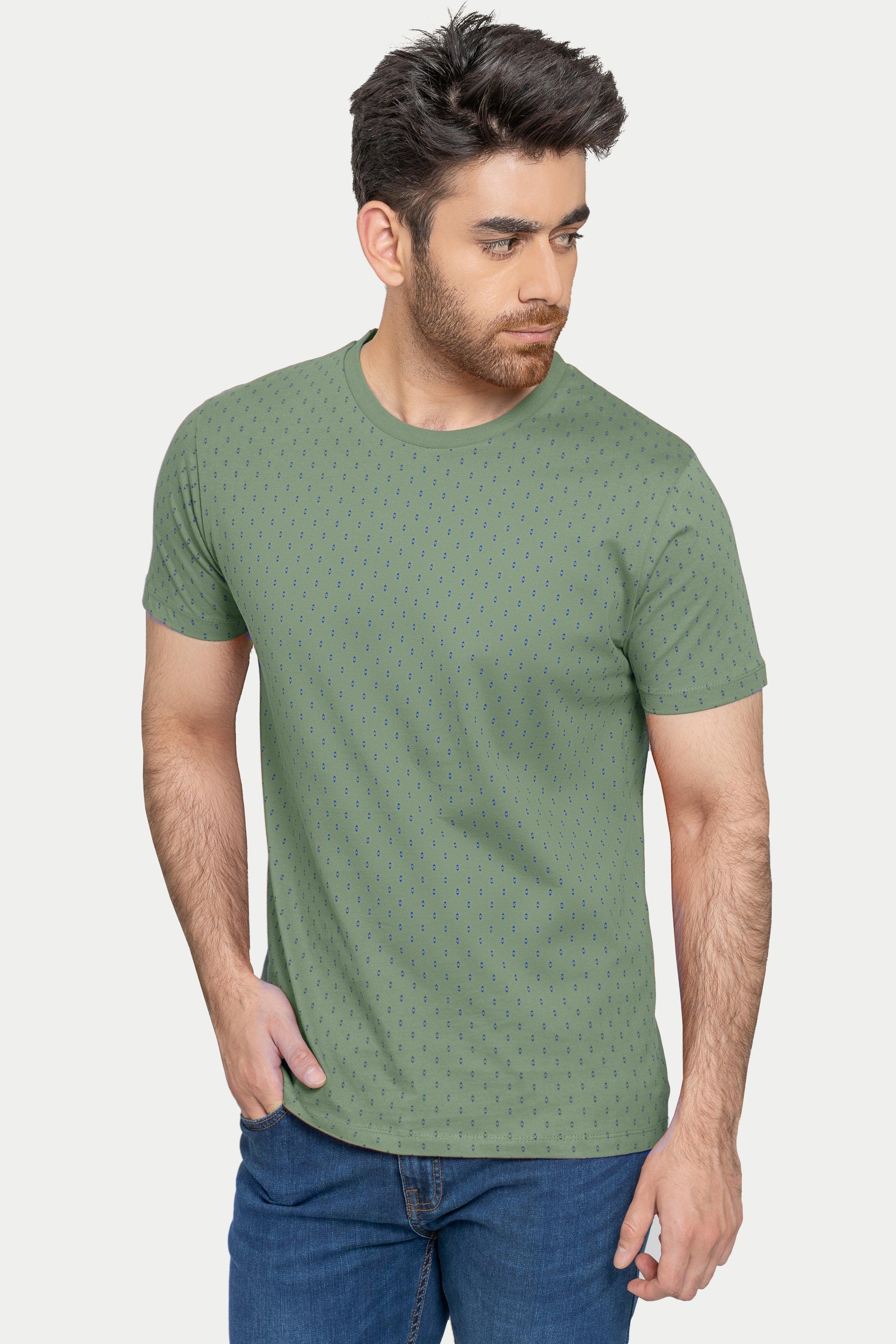 Green crewneck short-sleeve printed T-shirt, all-over small dot pattern