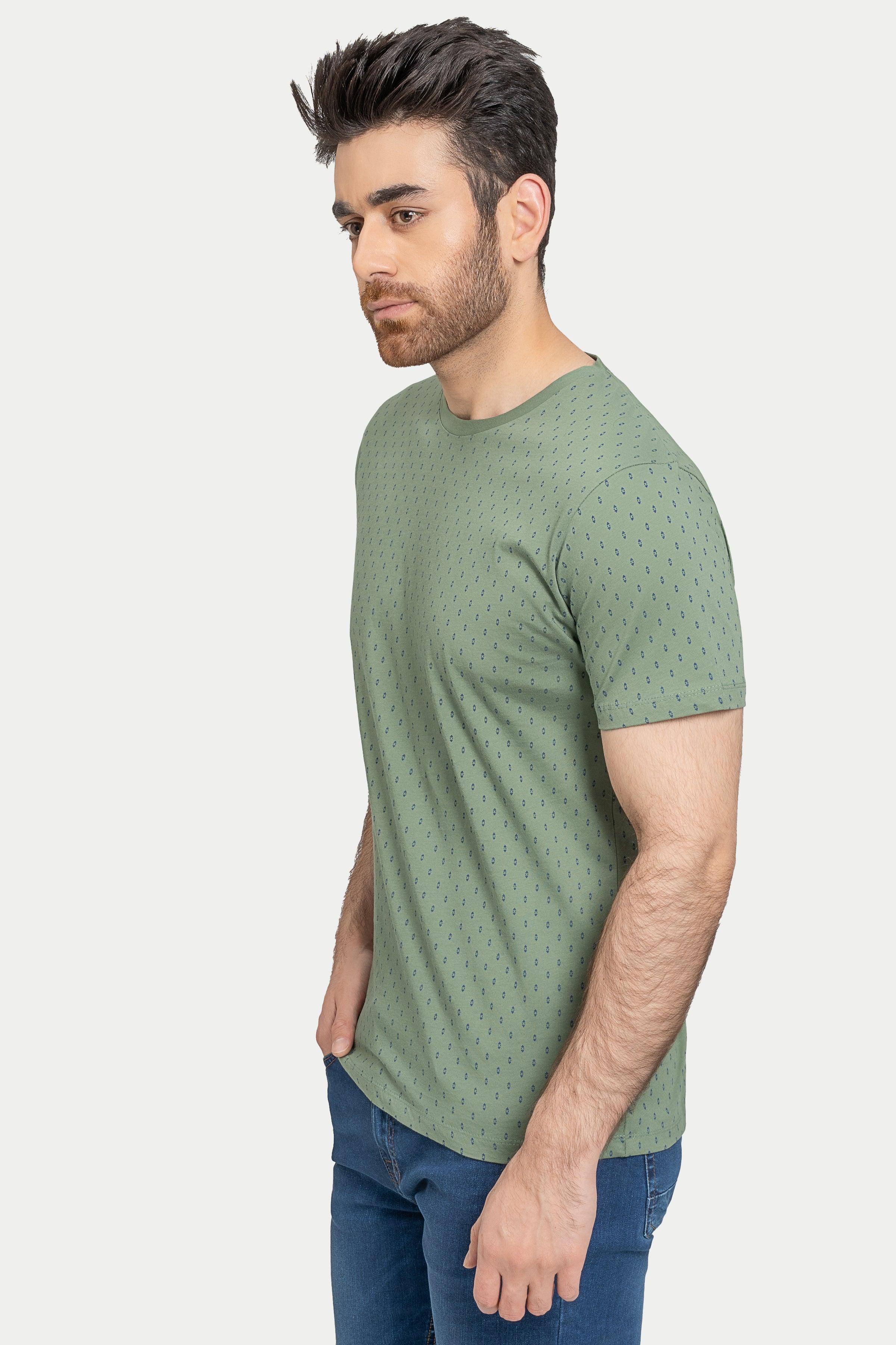 Green crewneck short-sleeve printed T-shirt, side profile with dot print