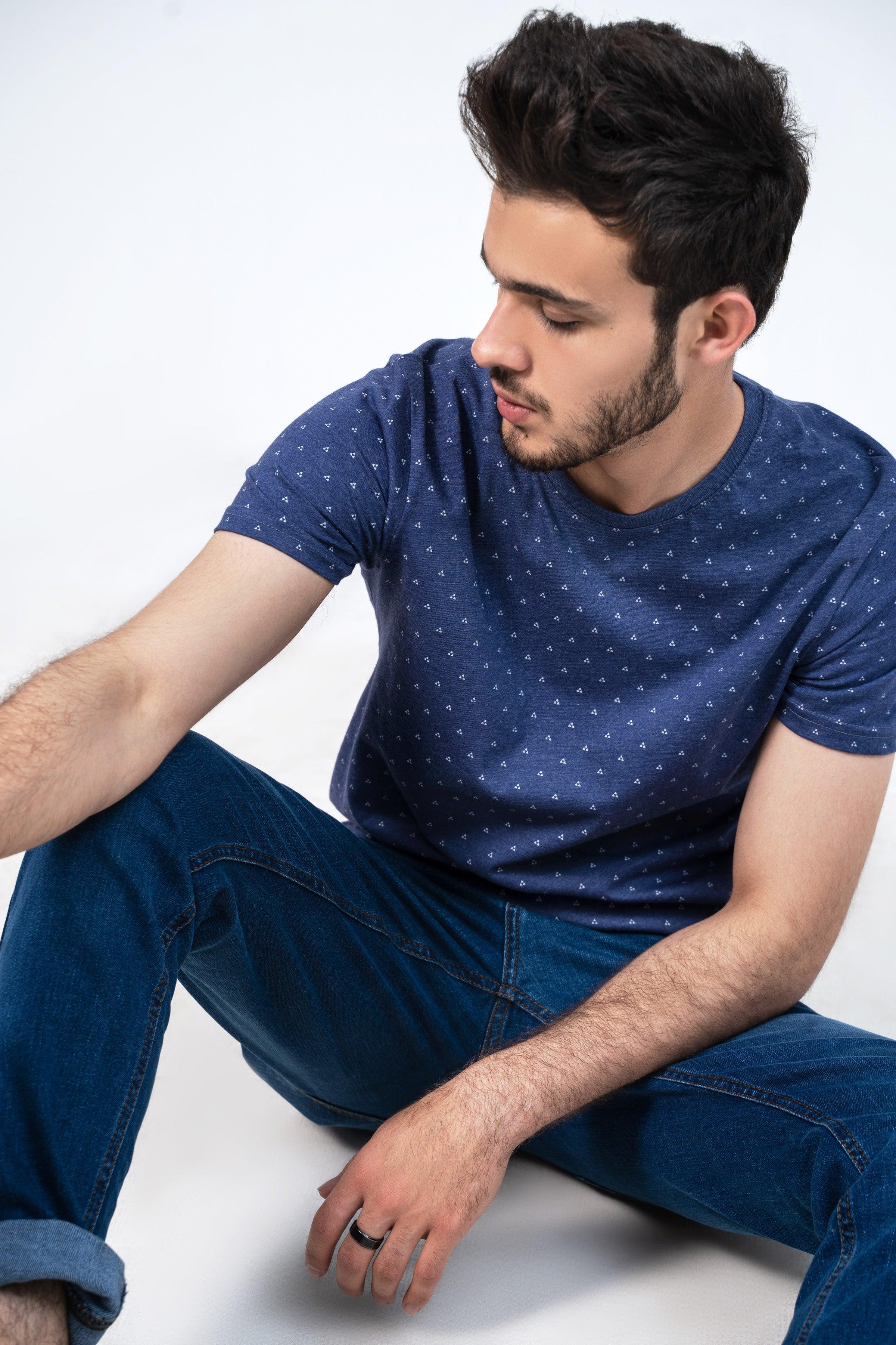 Navy printed crew-neck T-shirt with allover dot pattern, seated cropped view