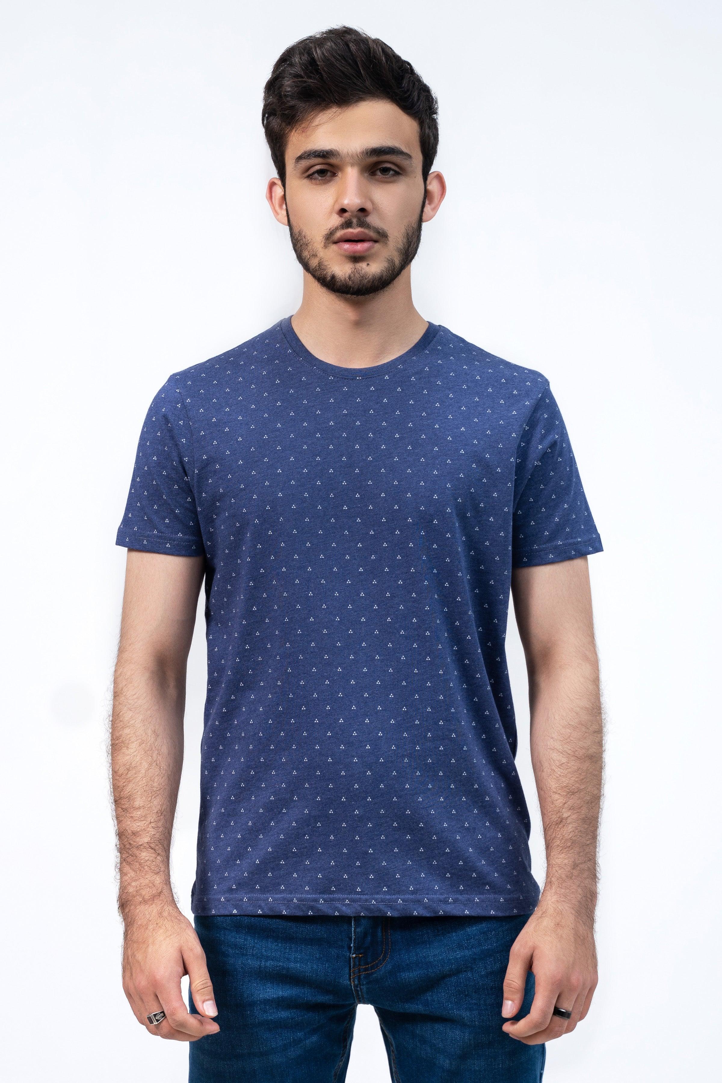 Navy printed crew-neck T-shirt with short sleeves and small allover dots