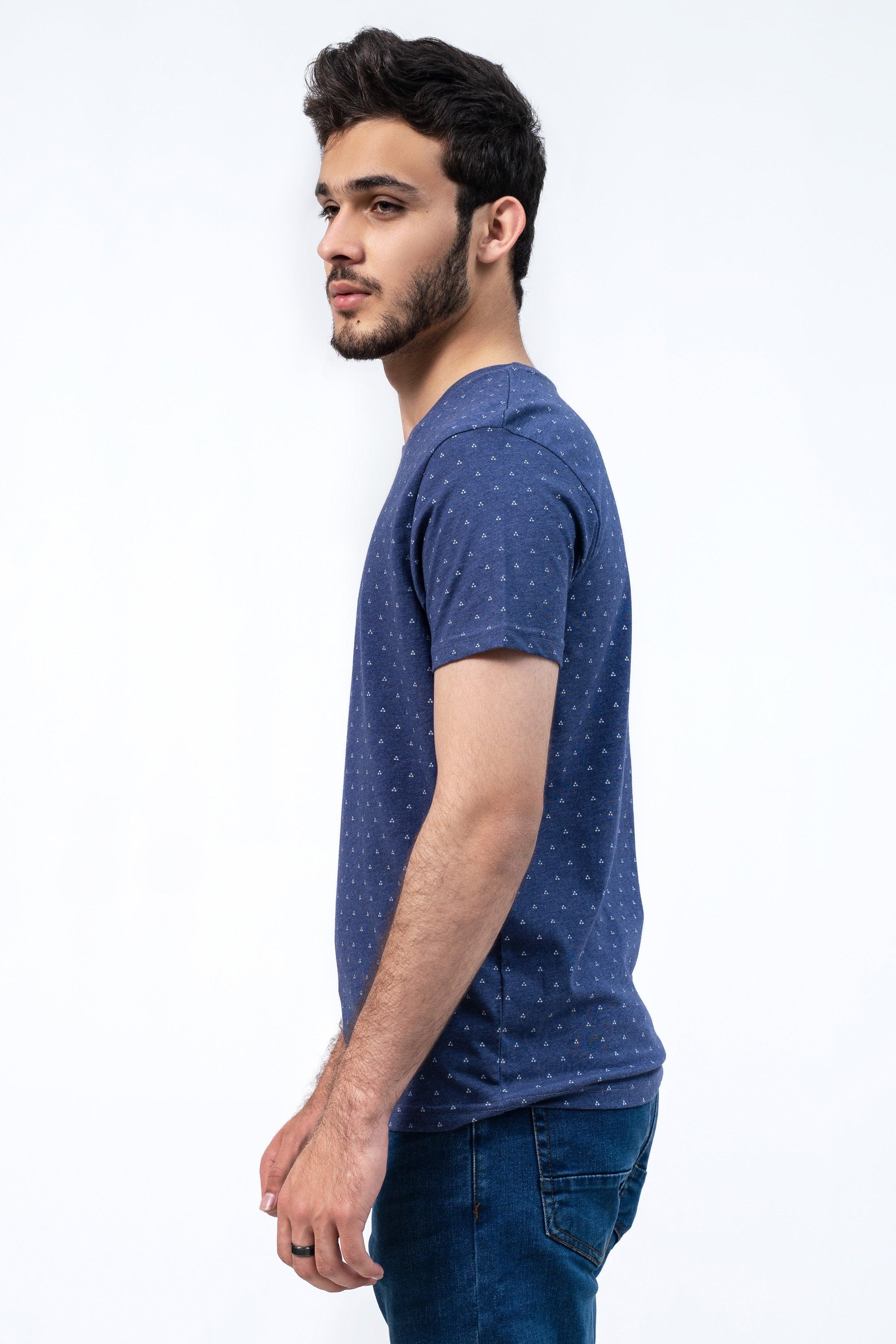 Navy printed crew-neck T-shirt, short sleeves, allover dot pattern, side view