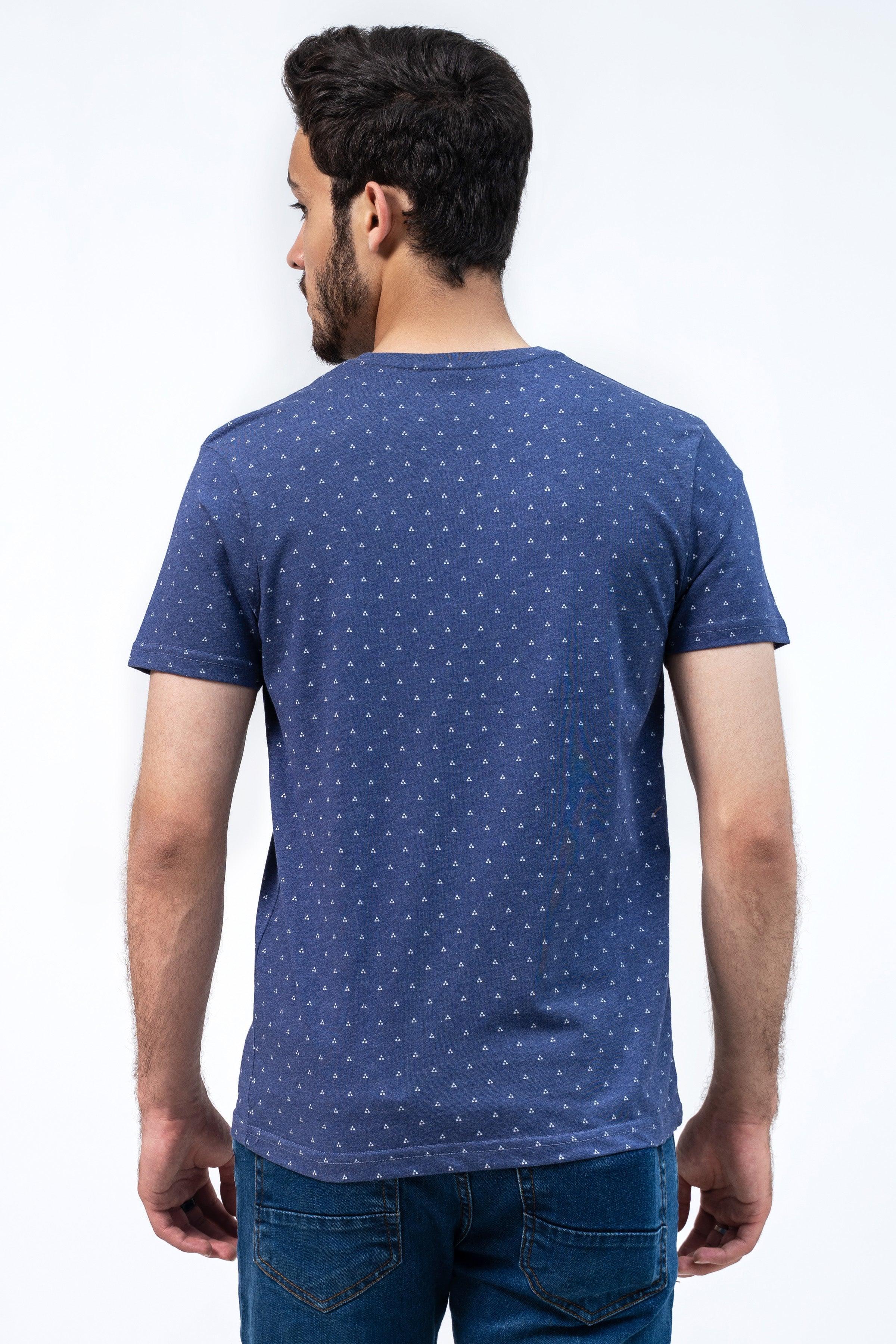 Navy printed crew-neck T-shirt with allover dot pattern, back view
