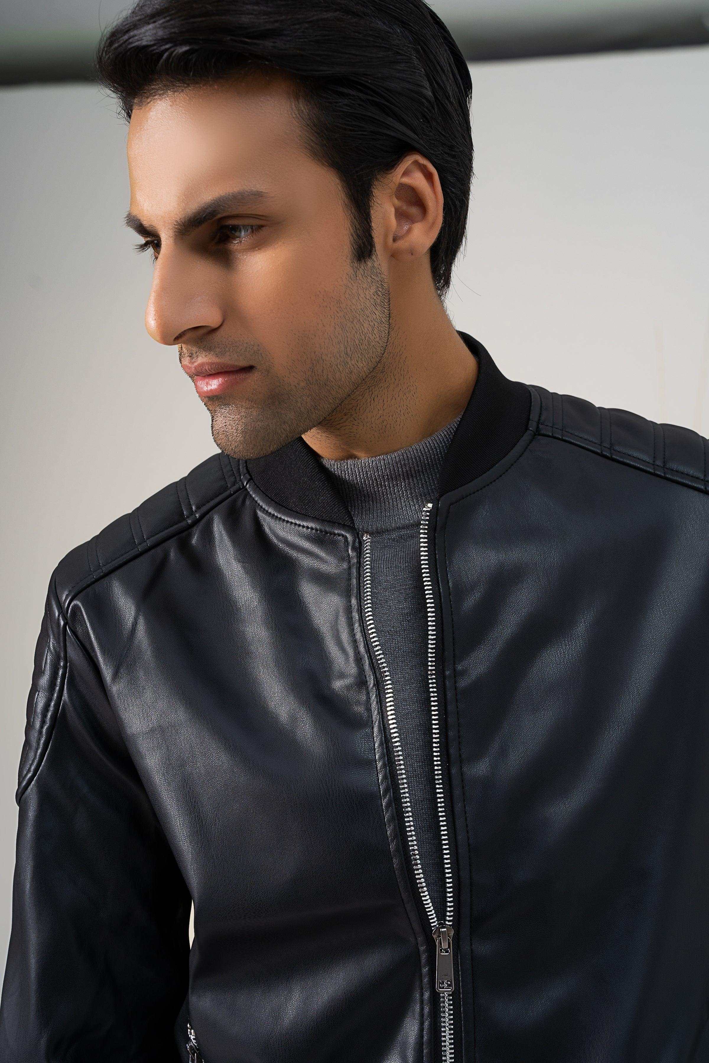 Black PU bomber jacket close-up of high collar and zip front