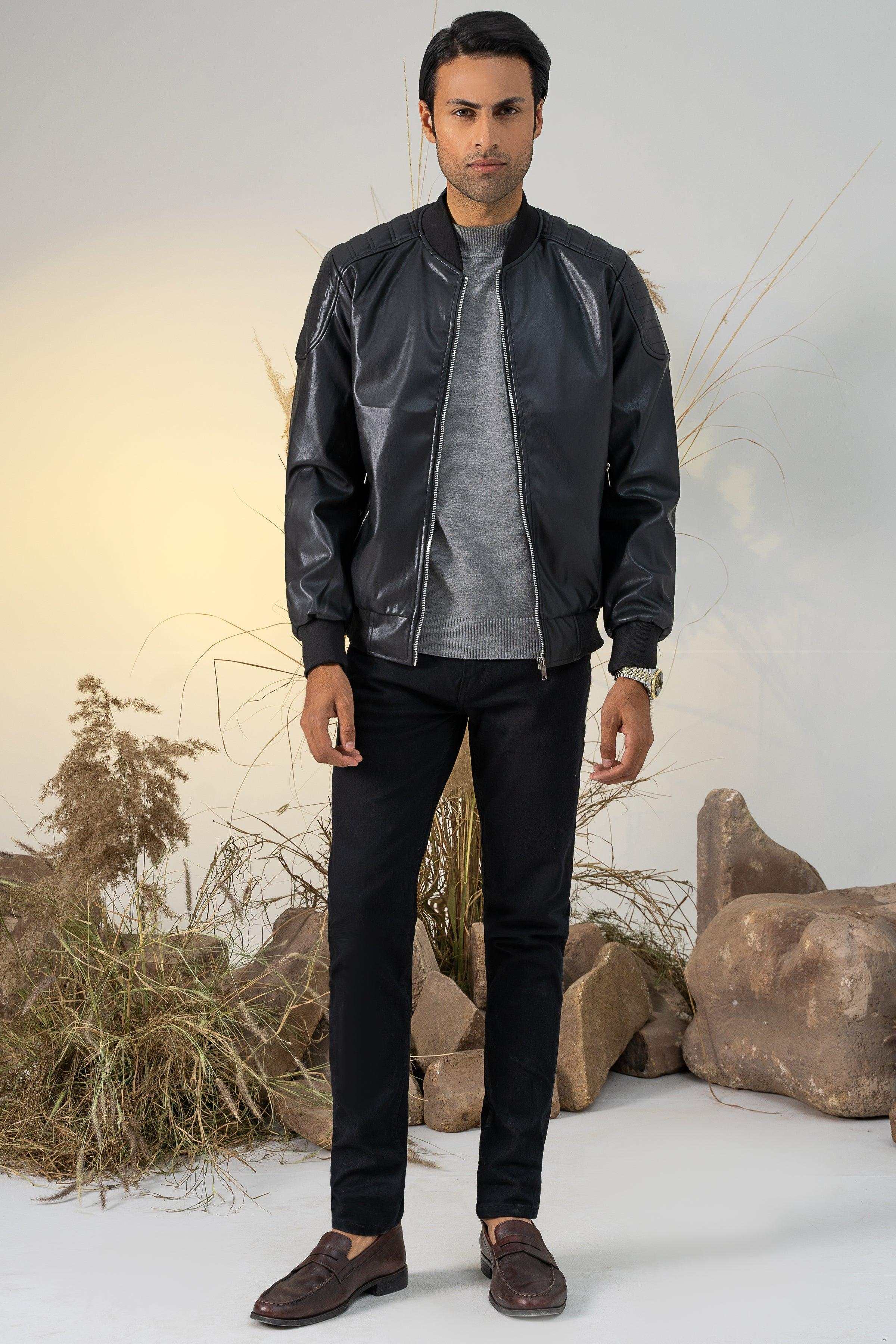 Black PU bomber jacket, full-zip front with ribbed cuffs