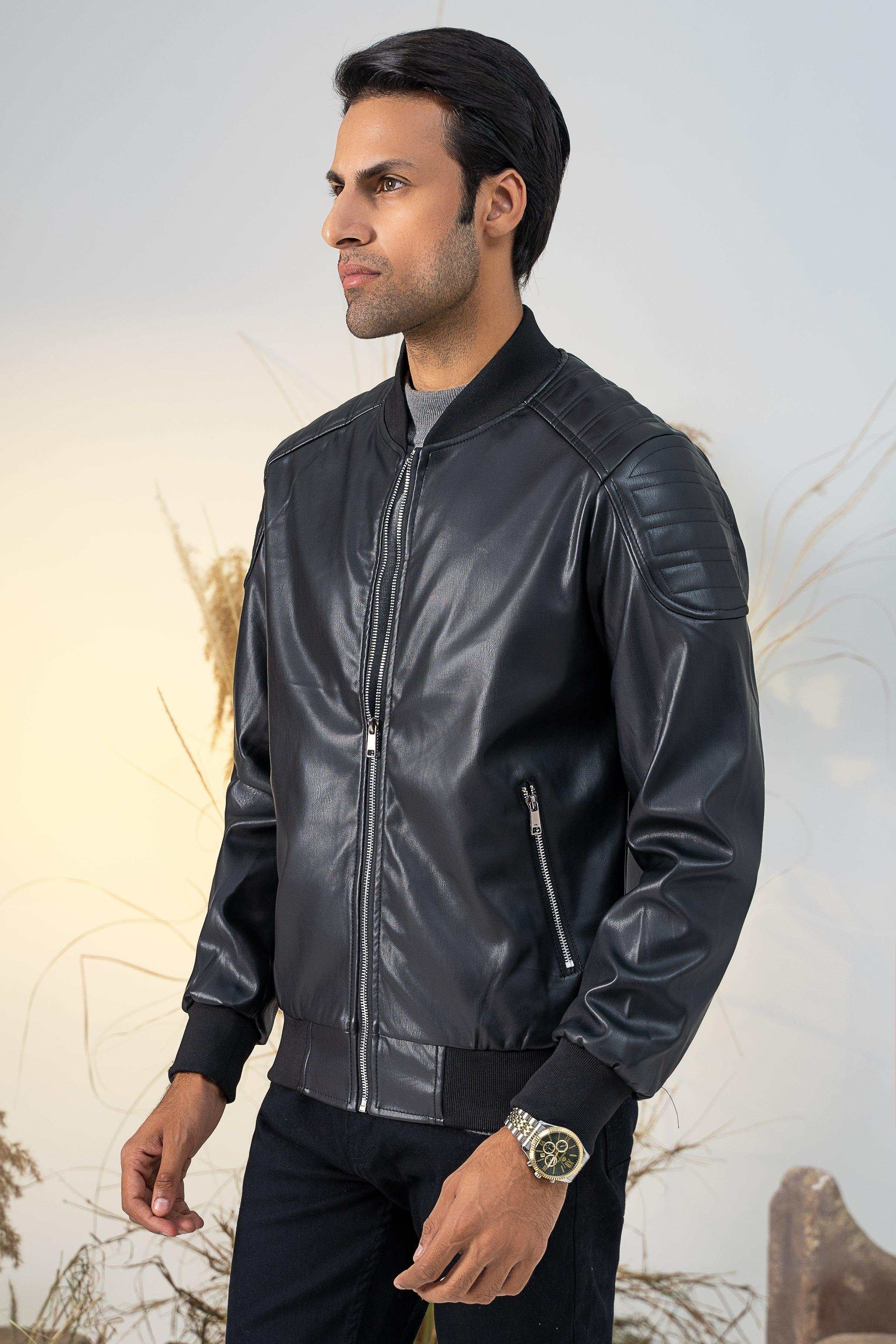 Black PU bomber jacket in side profile, zip pockets and ribbed waistband