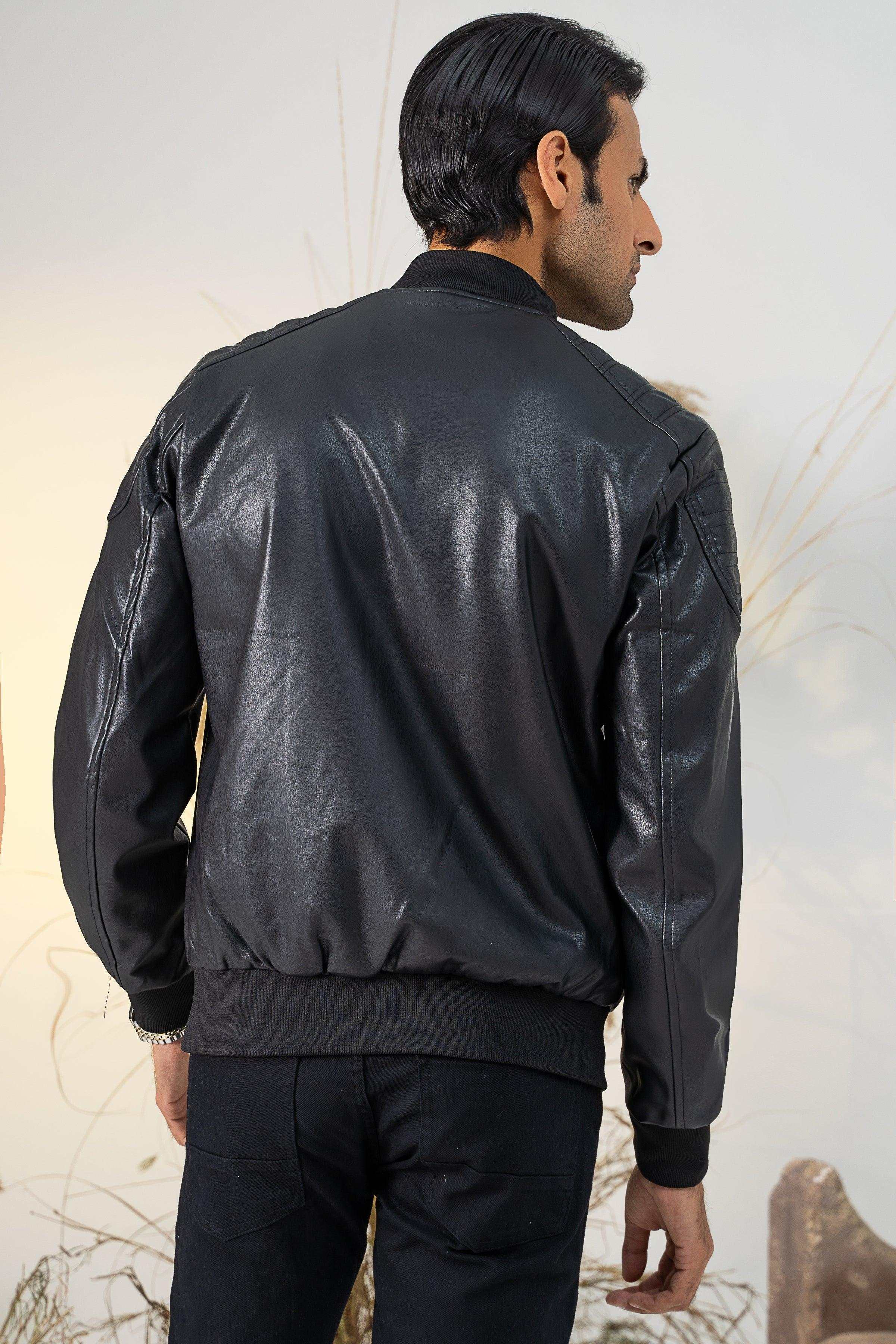 Black PU bomber jacket back view with ribbed collar and cuffs