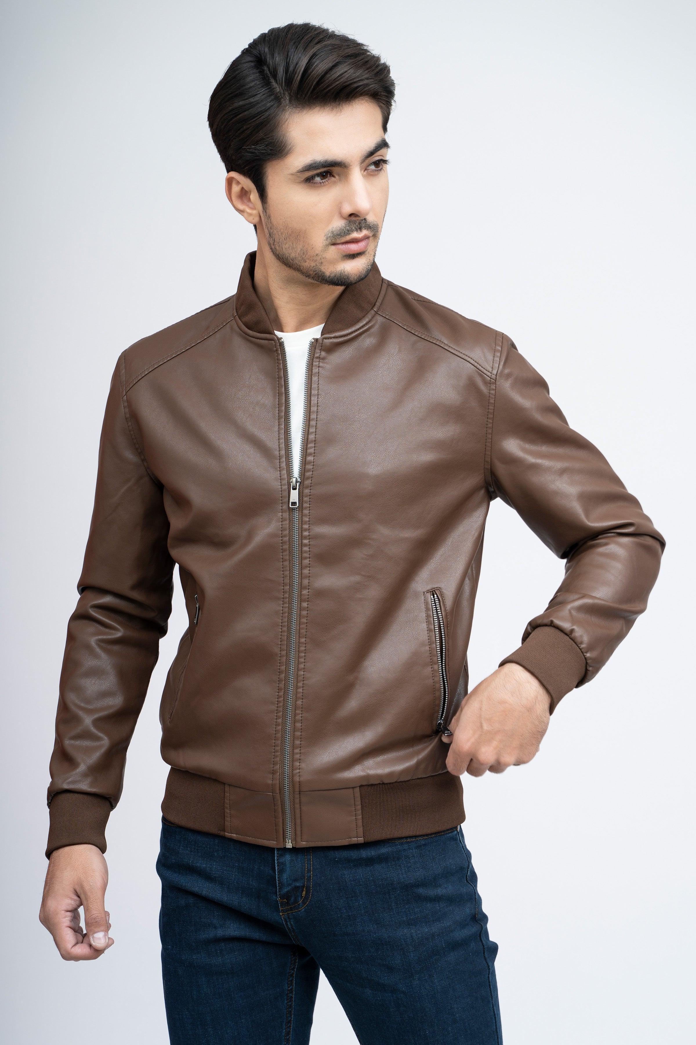 PU RIB BAN JACKET F/S BROWN at Charcoal Clothing