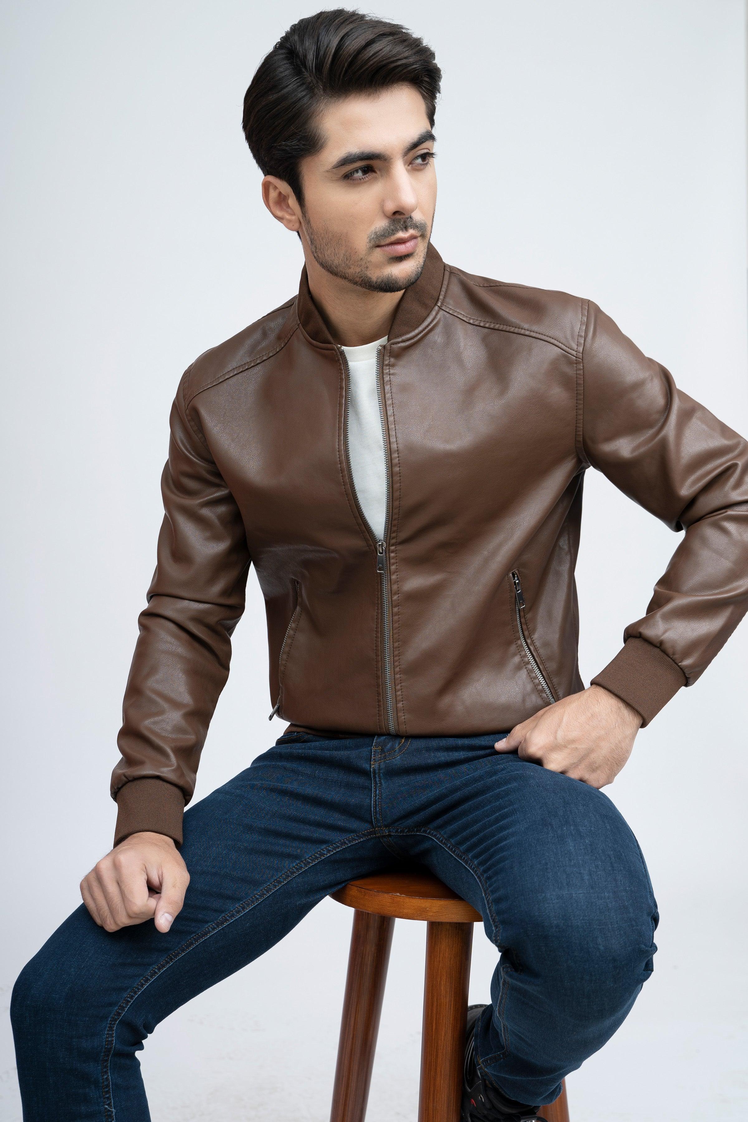 PU RIB BAN JACKET F/S BROWN at Charcoal Clothing