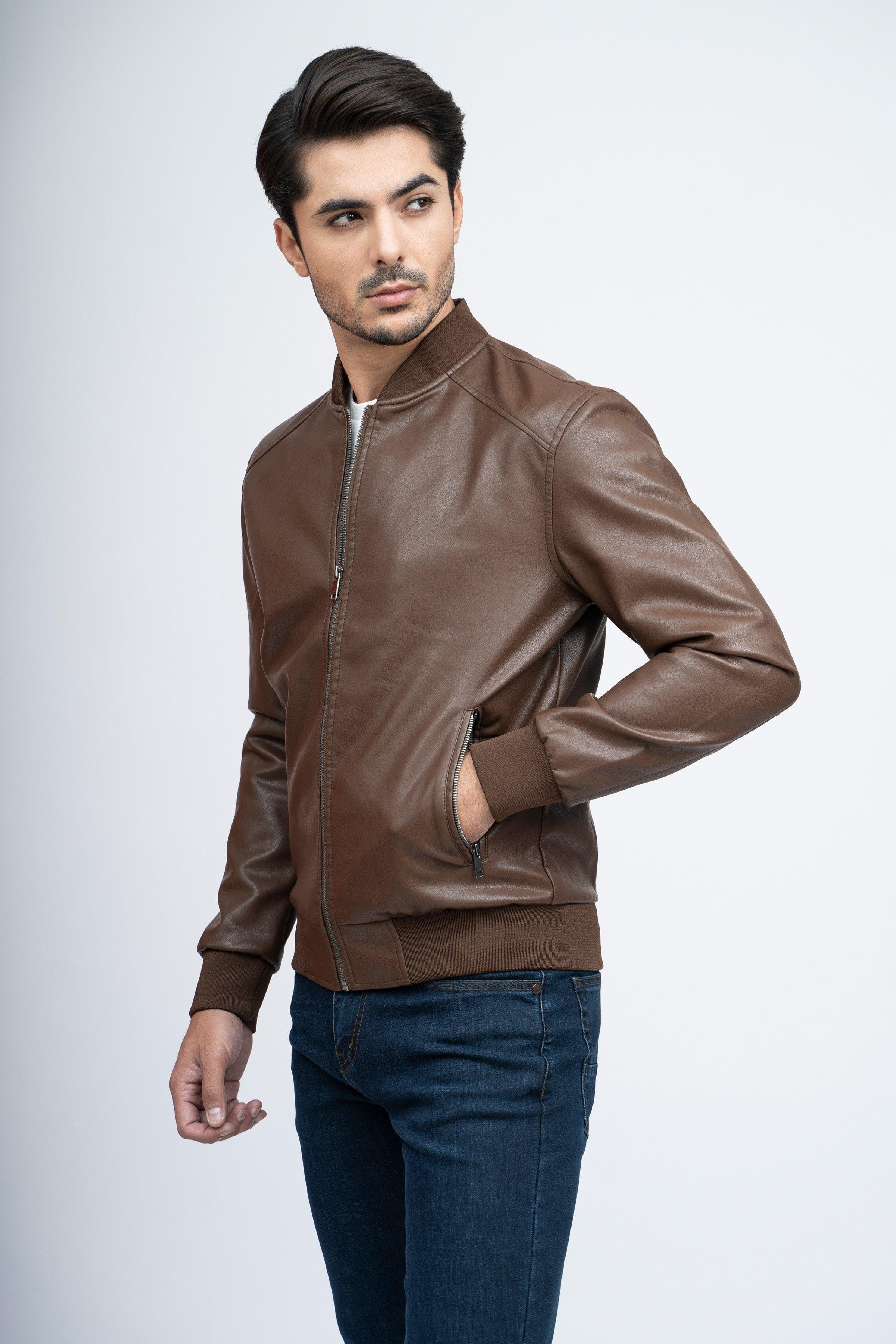 PU RIB BAN JACKET F/S BROWN at Charcoal Clothing