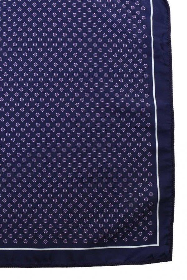 Navy pocket square with small dotted pattern and stitched border edge