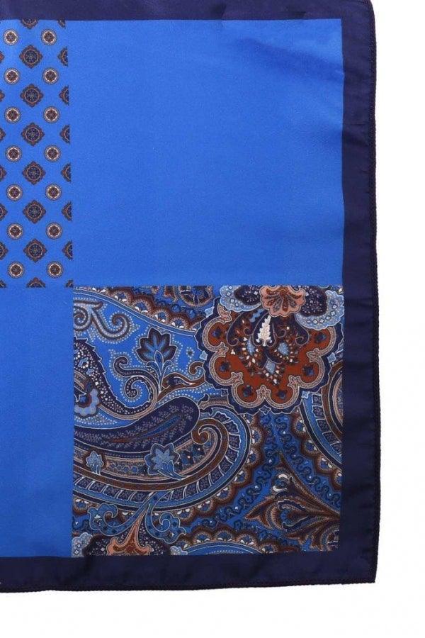 Blue pocket square with paisley pattern panel and dark navy border