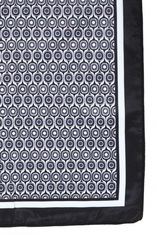 Pocket square with repeating circular geometric pattern and black border trim