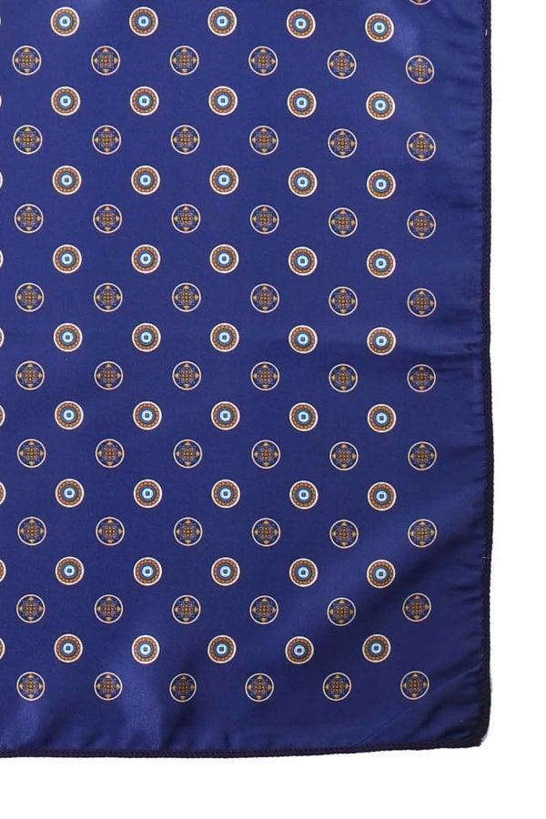 Pocket square in royal blue with small circular medallion pattern