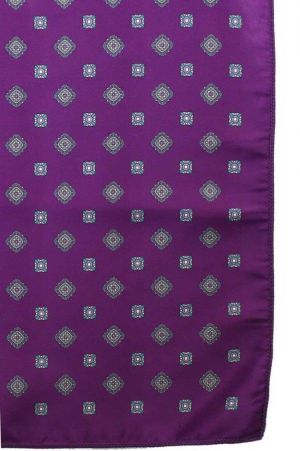 Purple pocket square with repeating teal and gray diamond medallion pattern