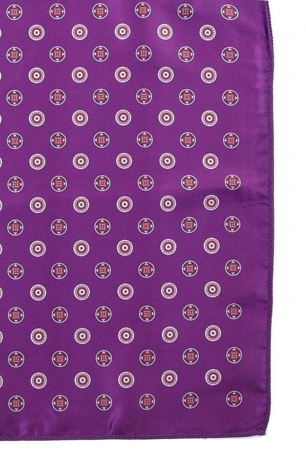 Purple pocket square with small repeating round badge pattern