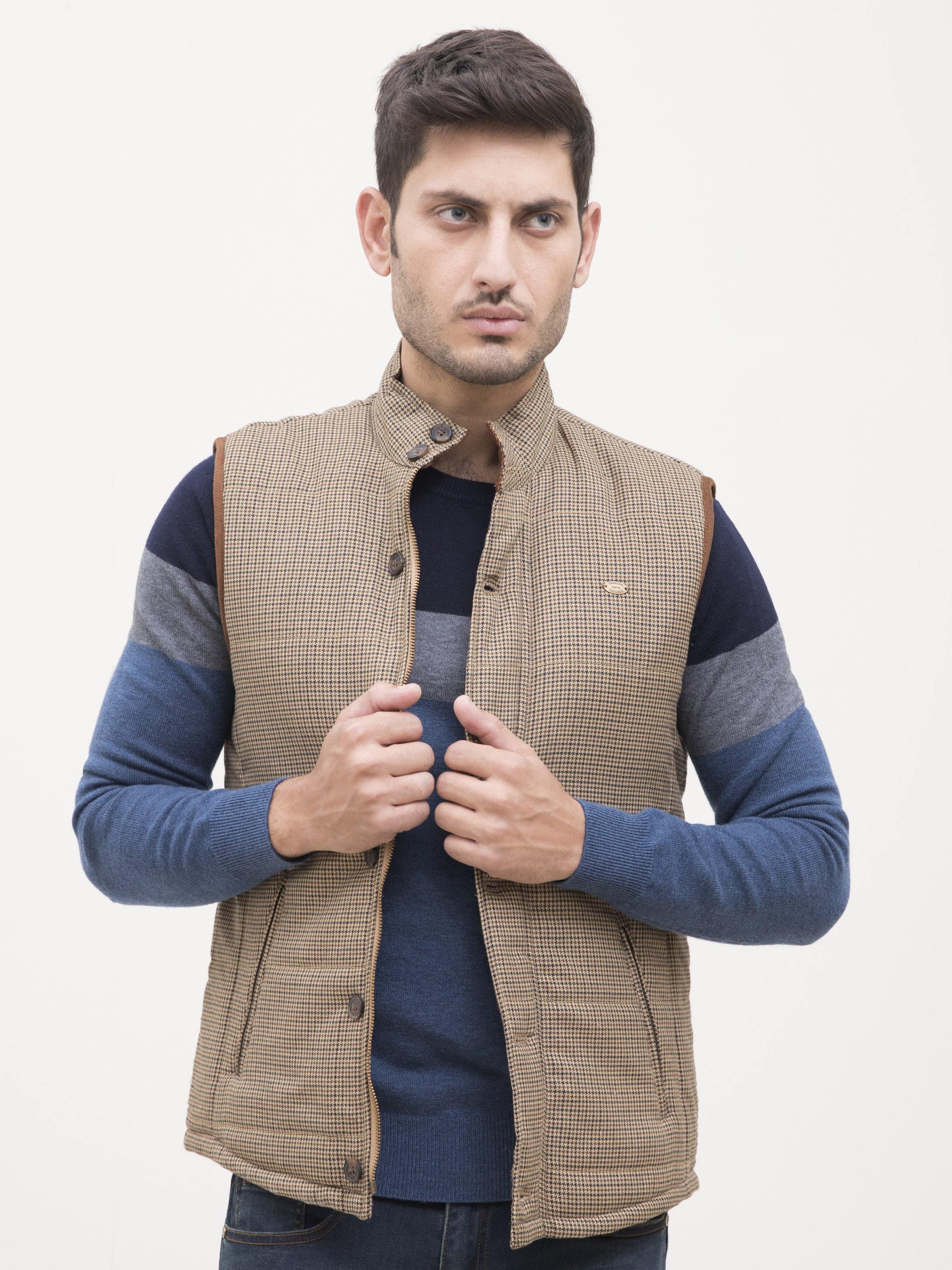 Quilted check sleeveless jacket vest in tan with button-front and stand collar