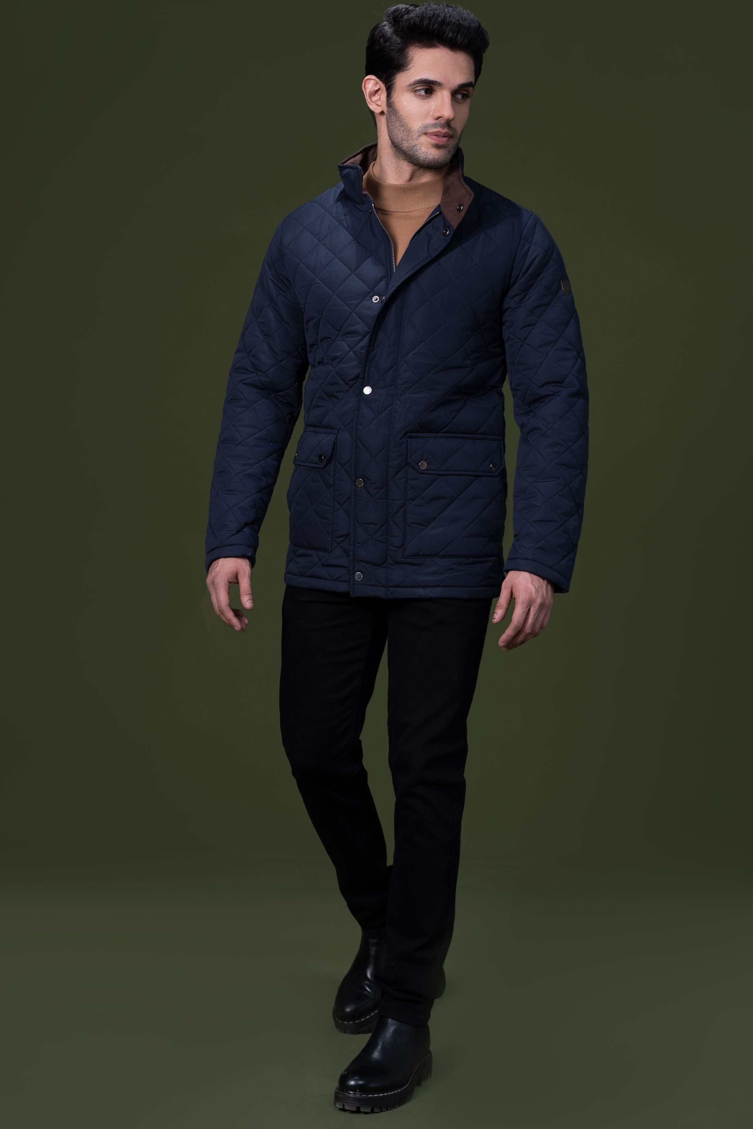 QUILTED LONG JACKET NAVY at Charcoal Clothing