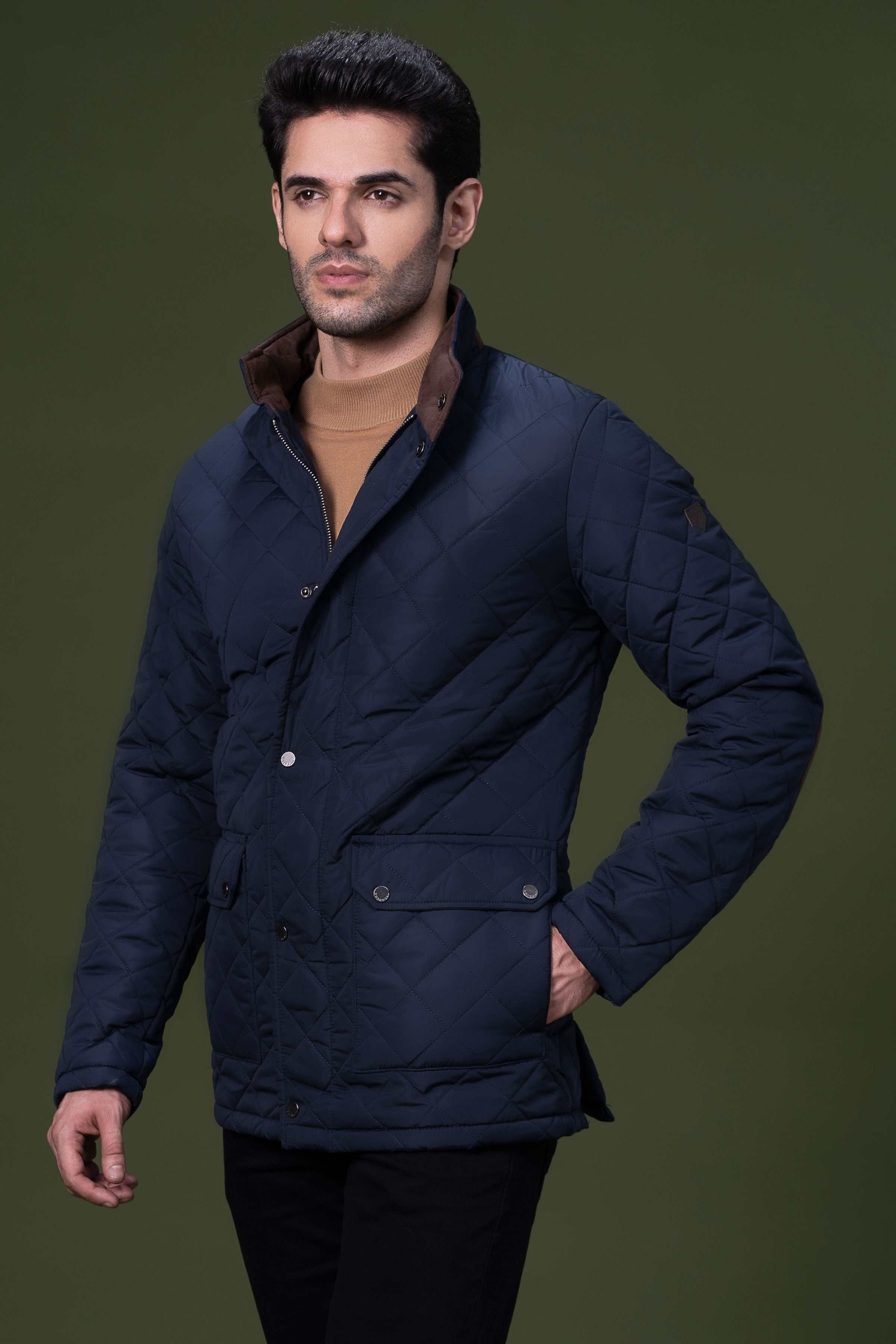QUILTED LONG JACKET NAVY at Charcoal Clothing