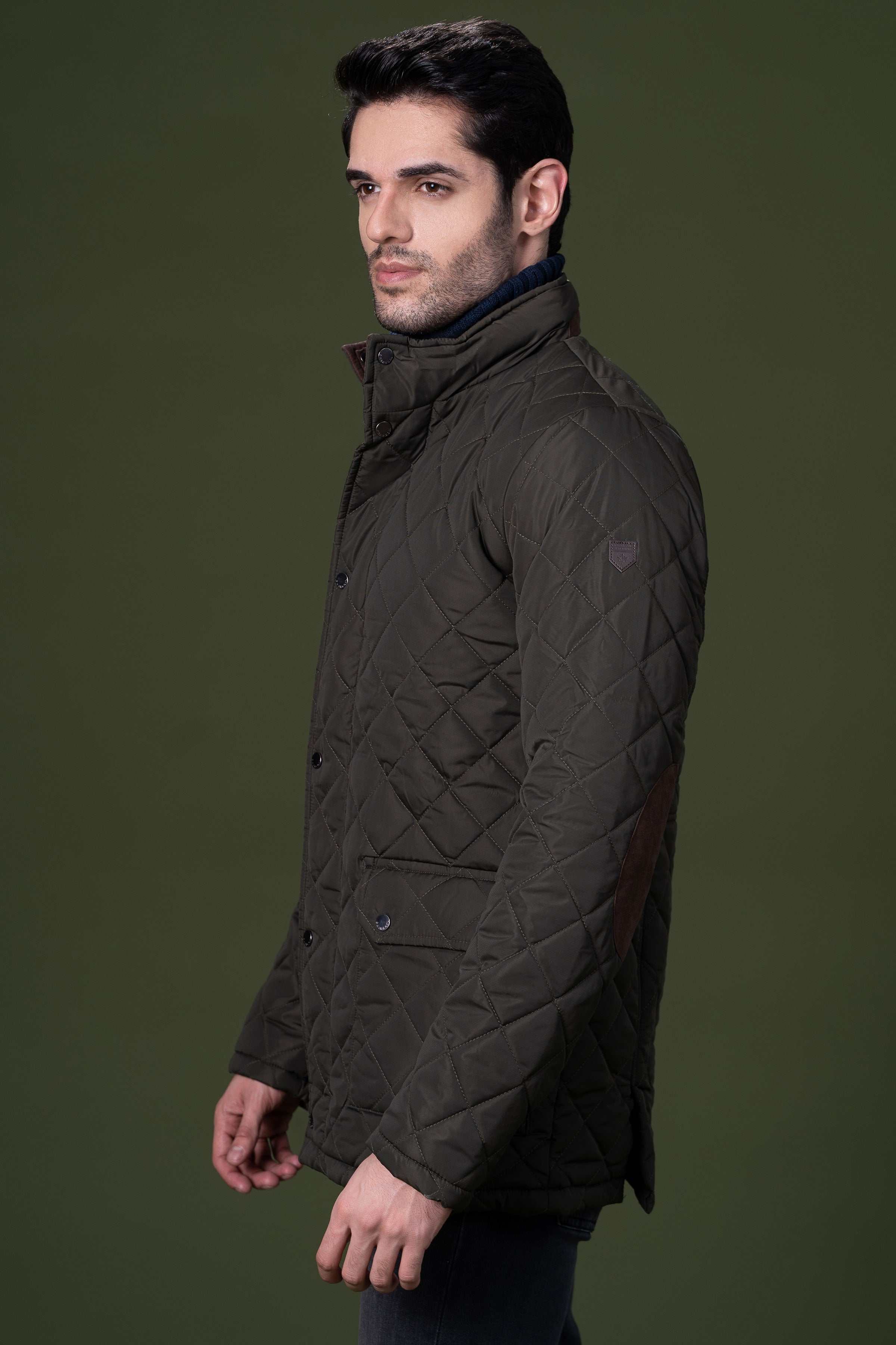 QUILTED LONG JACKET OLIVE at Charcoal Clothing