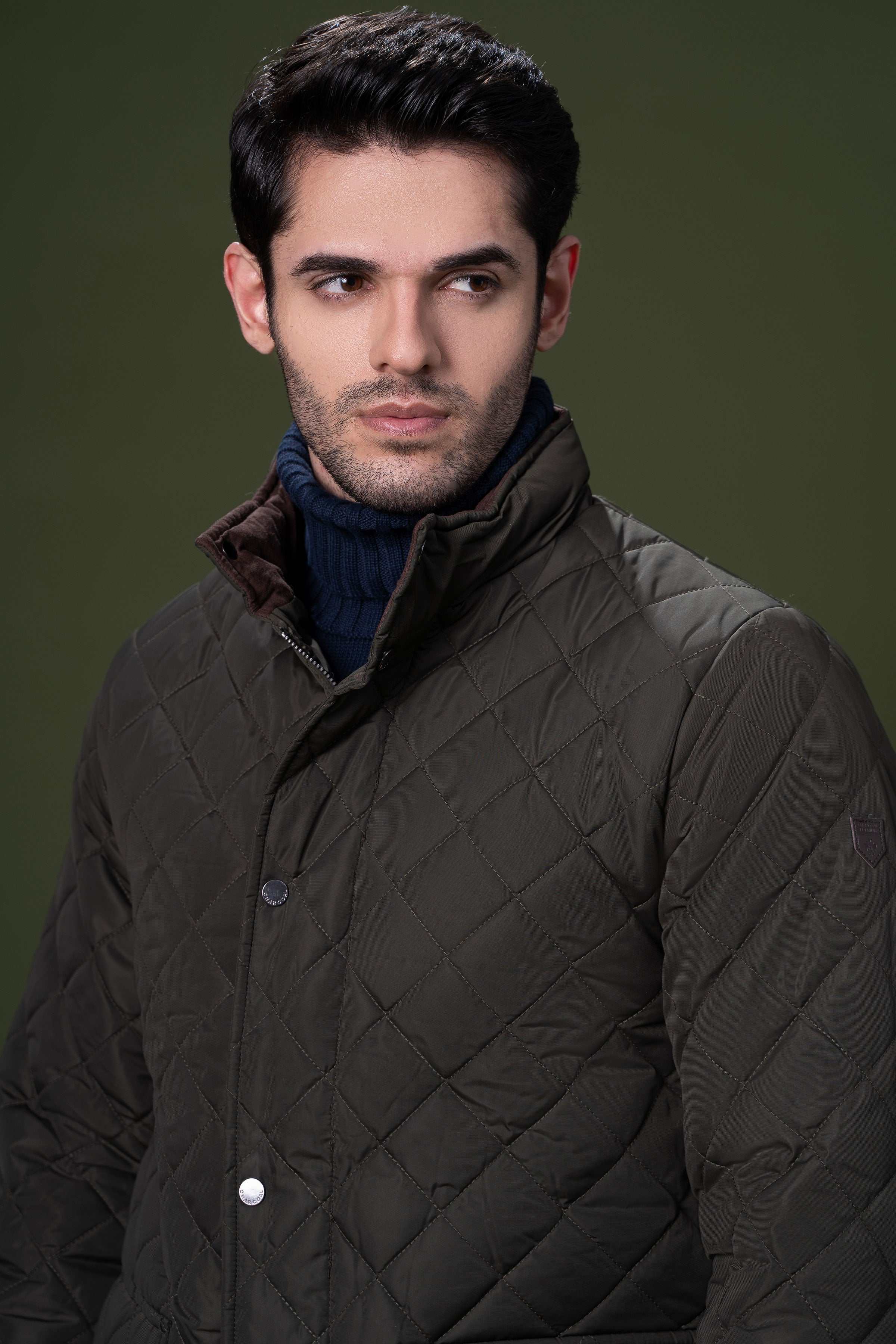 QUILTED LONG JACKET OLIVE at Charcoal Clothing