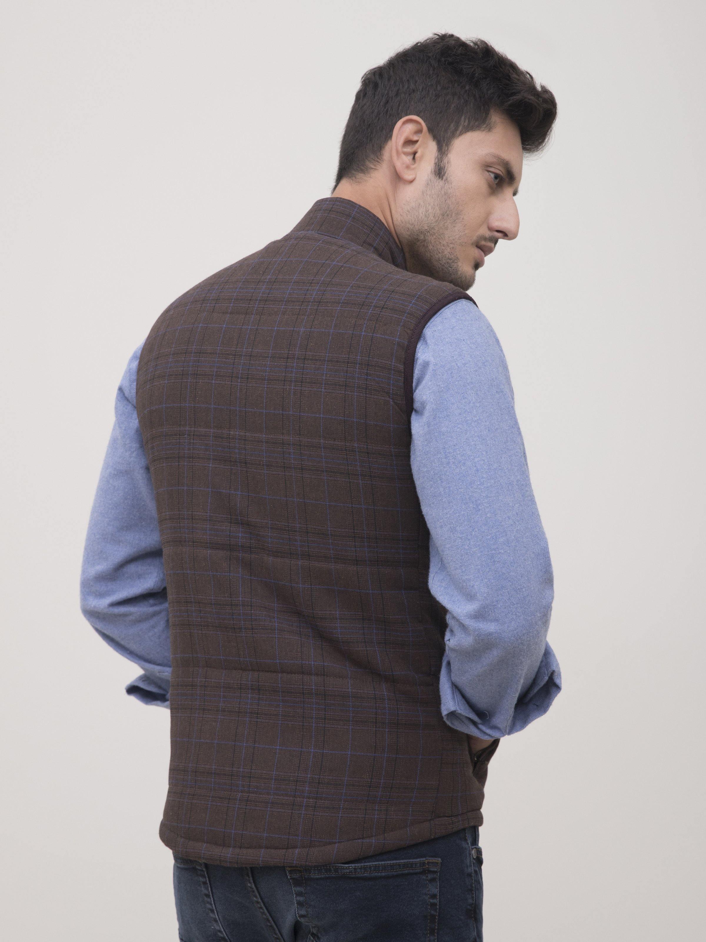 Quilted sleeveless jacket, dark brown plaid back, stand collar, button placket