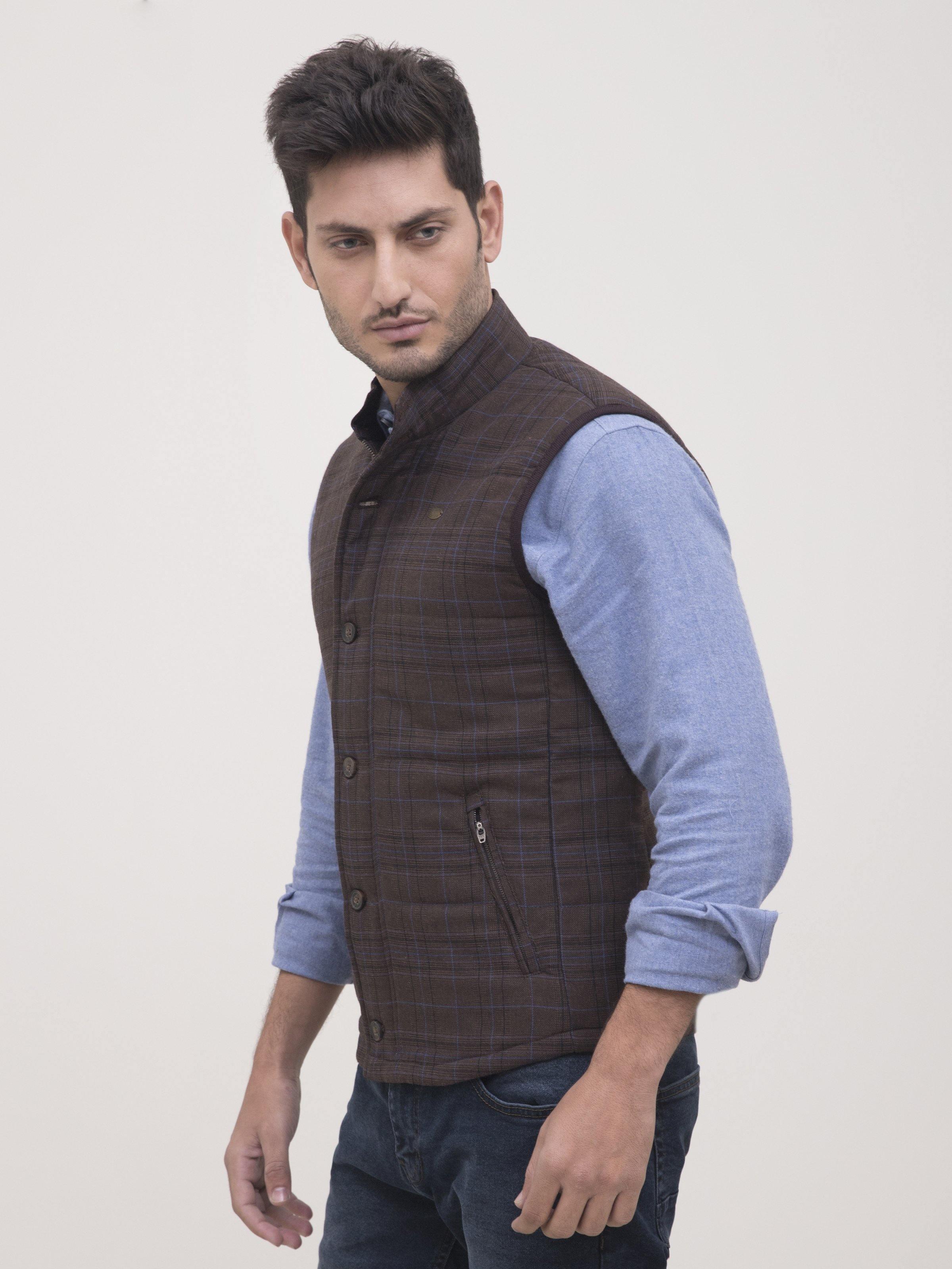 Quilted sleeveless jacket, dark brown plaid, stand collar, button front