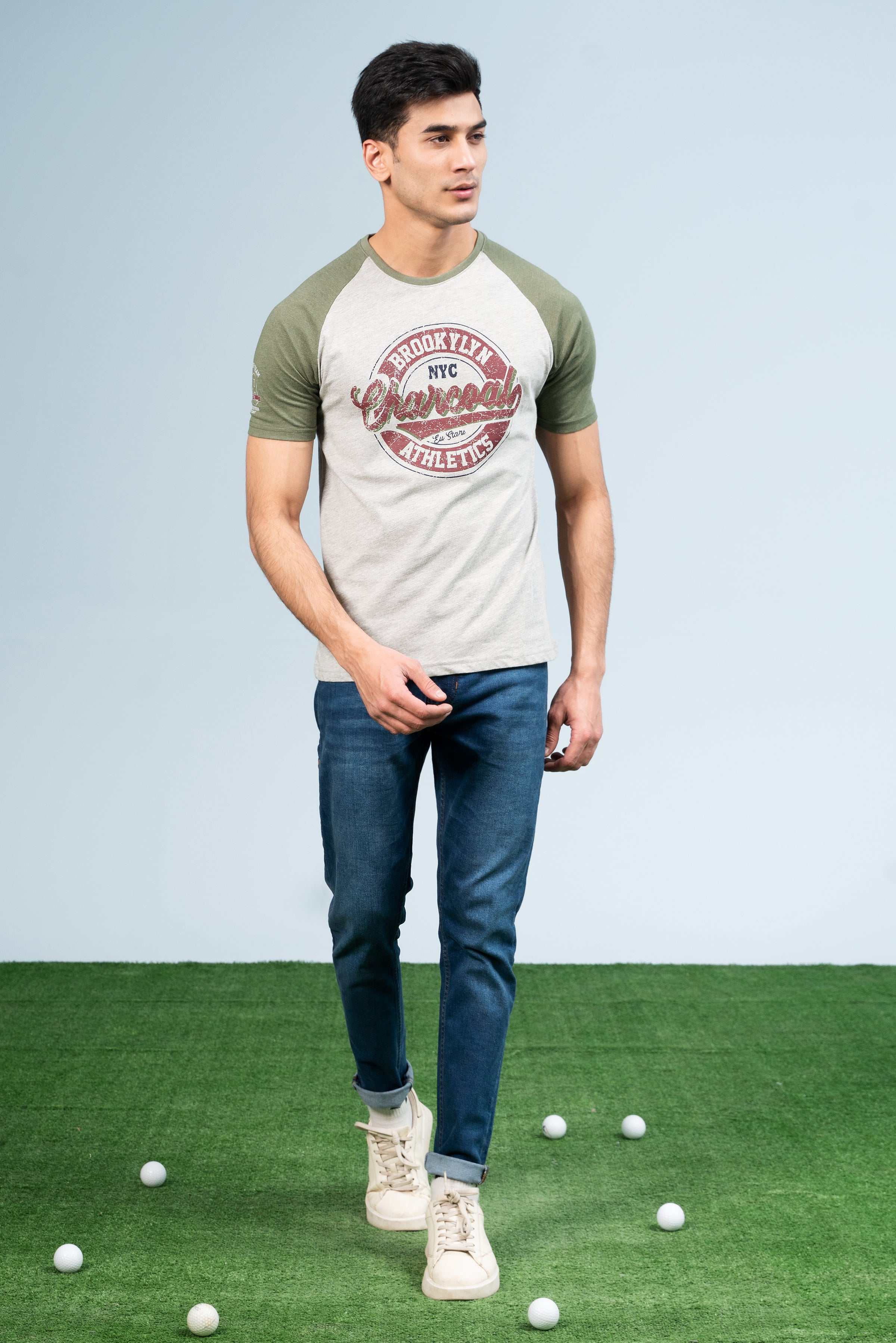 RAGLAN SLEEVES T-SHIRT GREEN GREY at Charcoal Clothing