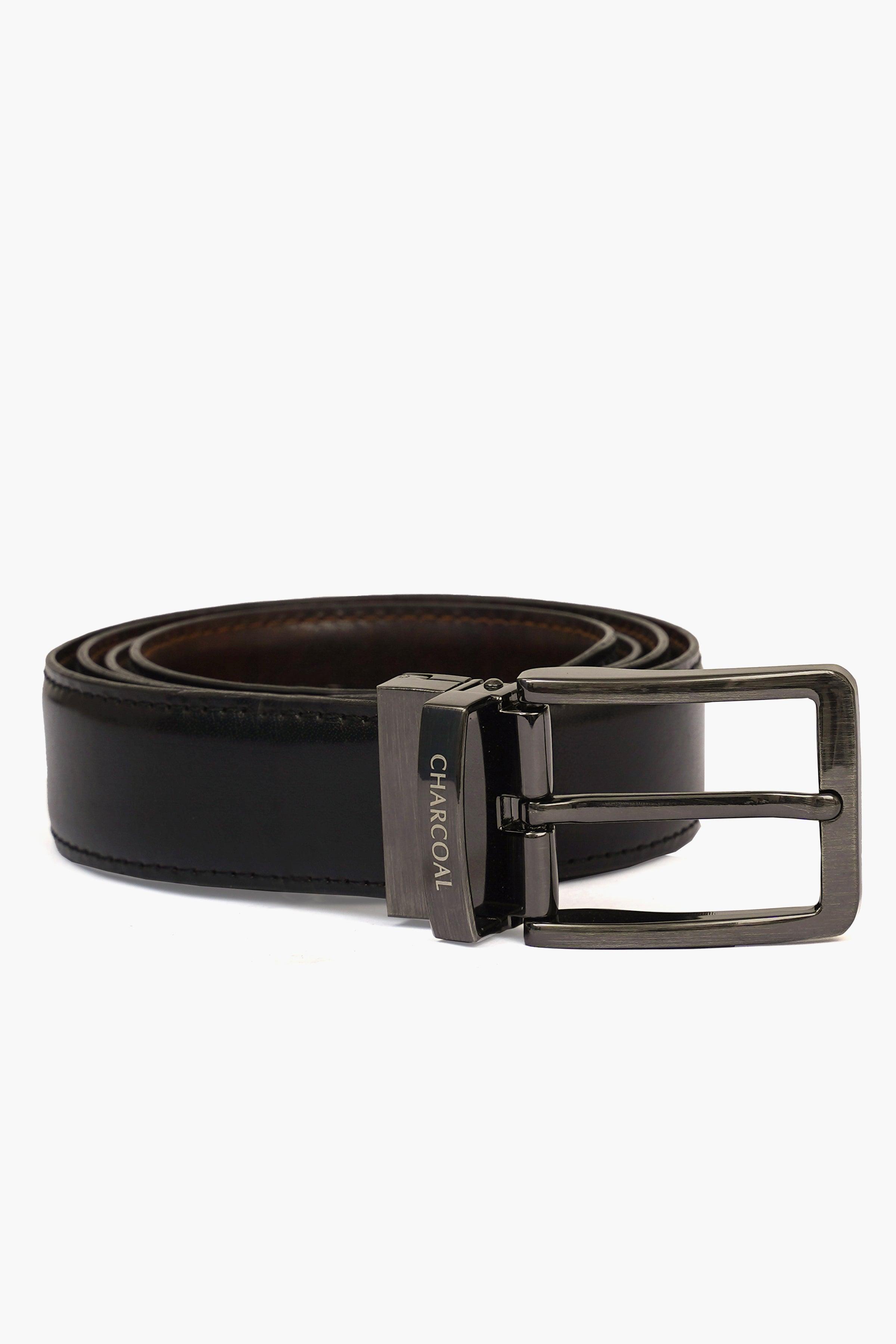 Reversible leather belt, black strap with rectangular silver buckle and logo keeper