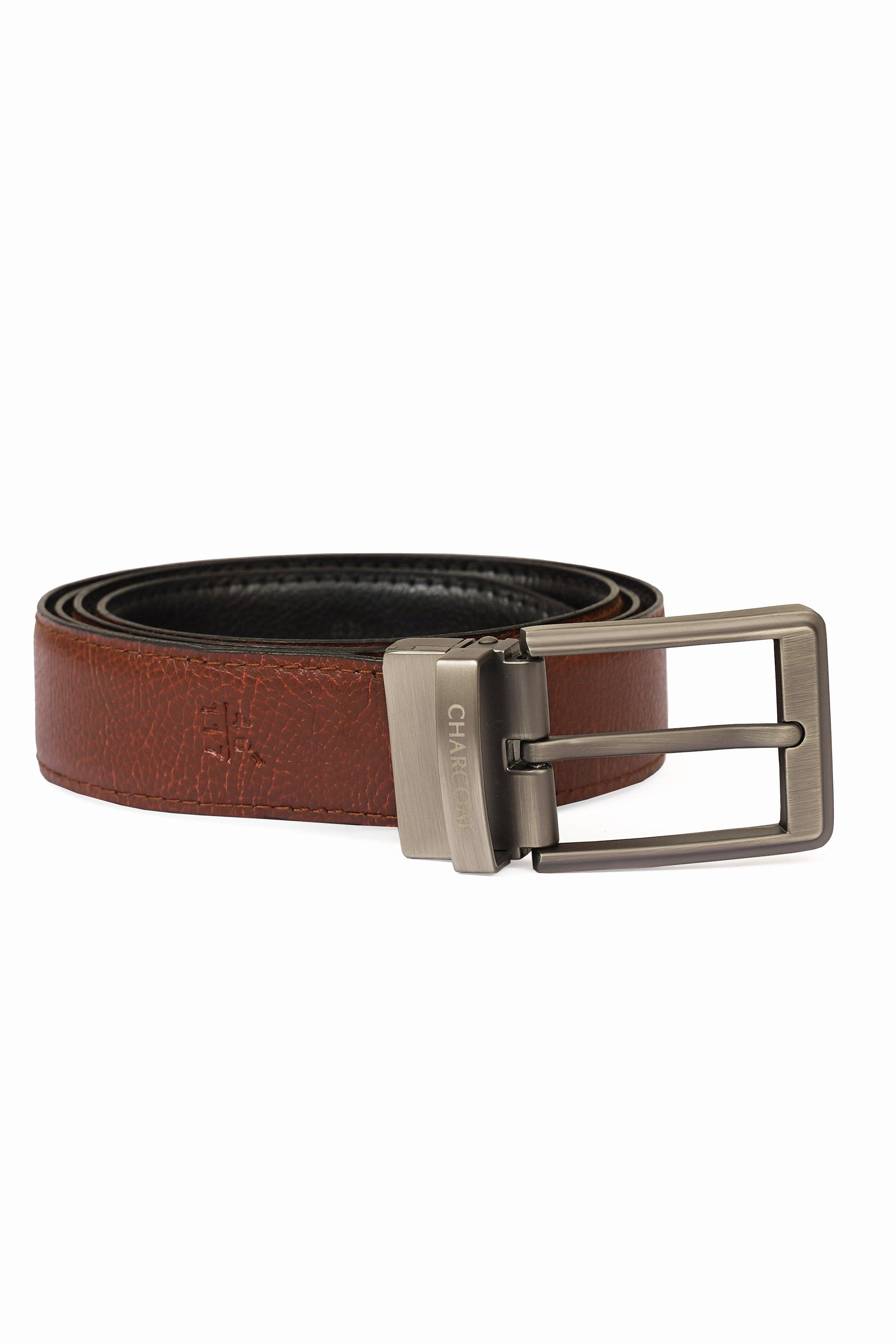 Reversible leather belt with silver buckle, brown strap and black lining