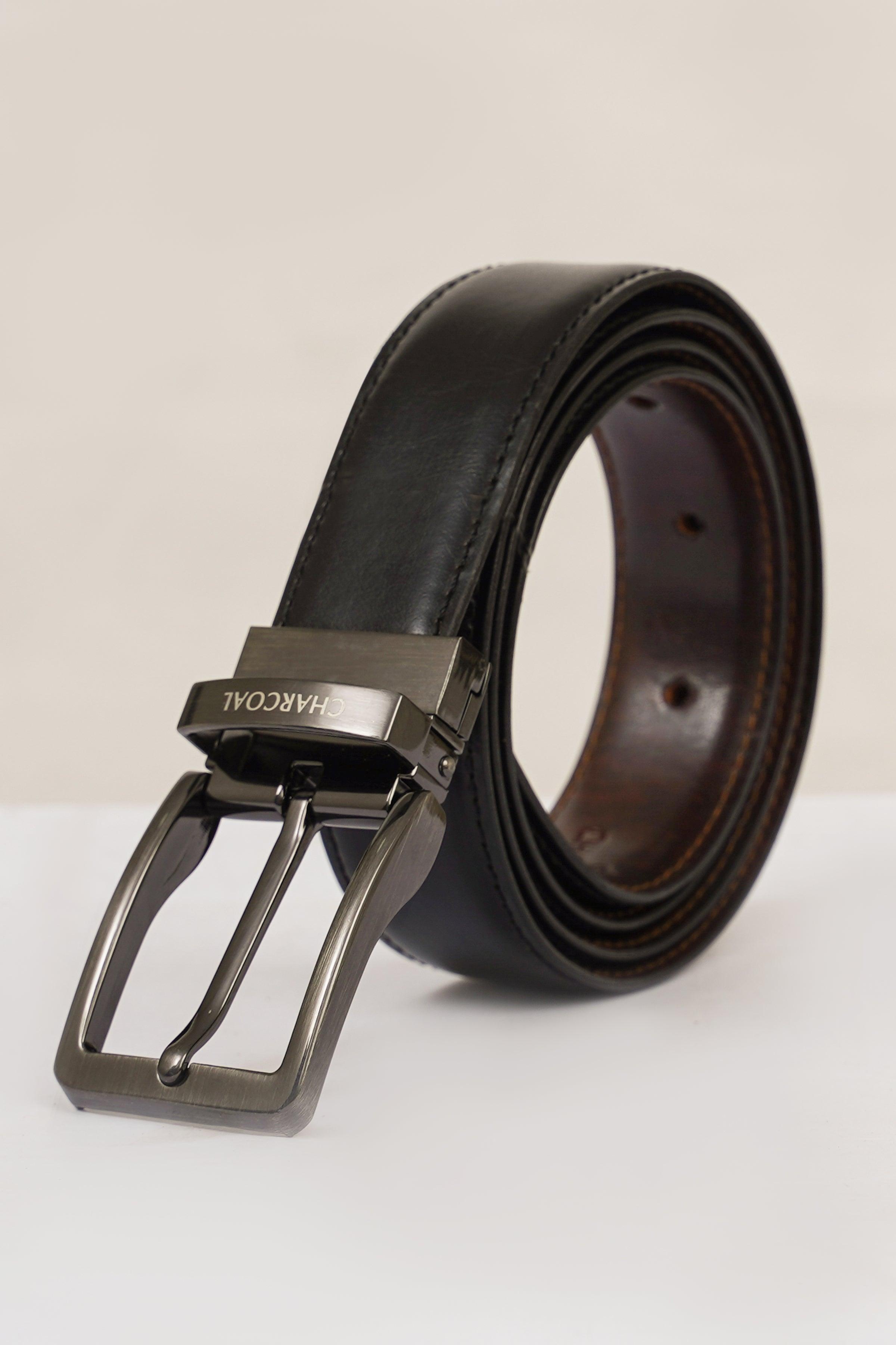 Reversible leather belt with rectangular silver buckle, dark exterior and brown lining