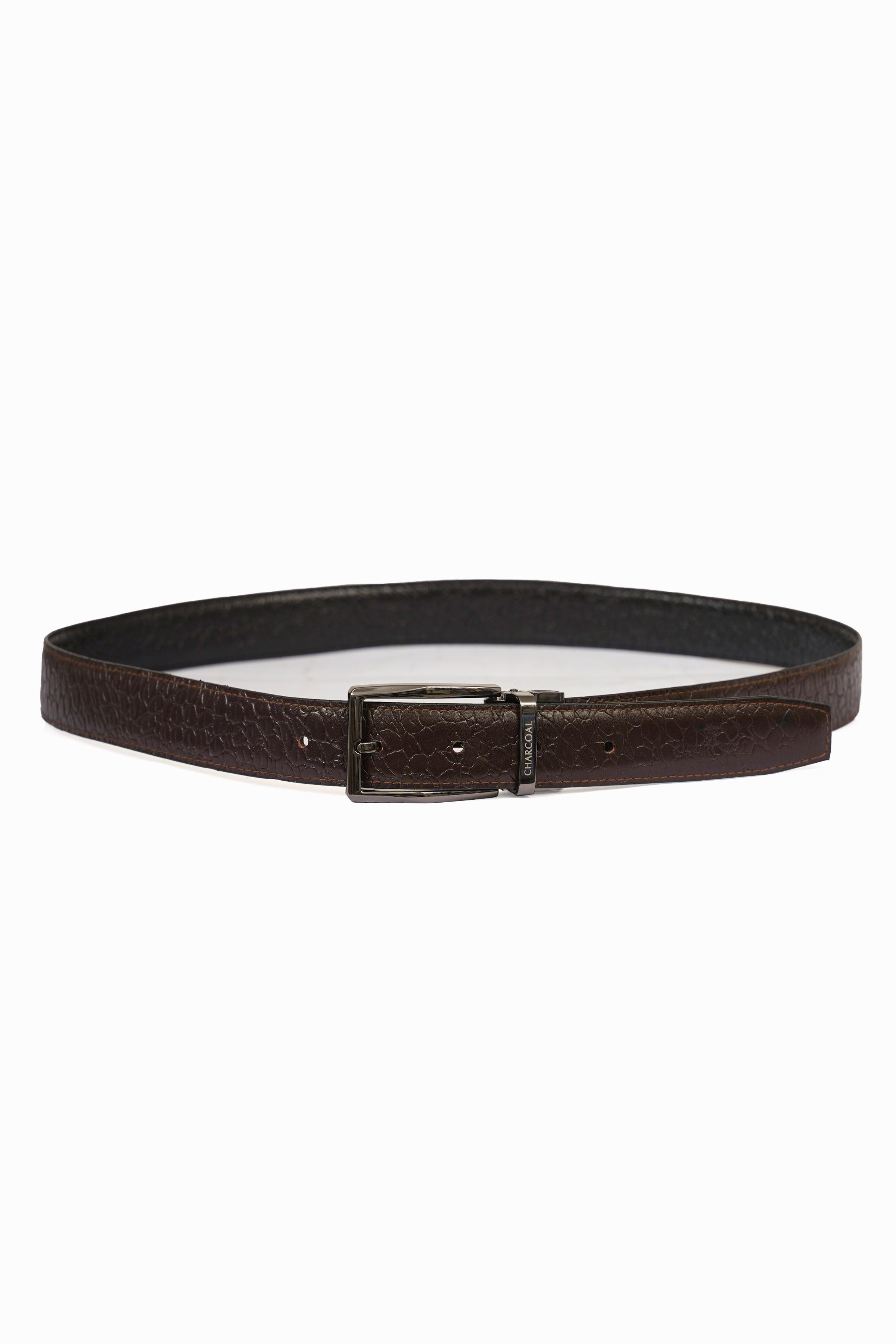Dark brown reversible belt with rectangular metal buckle and subtle grain texture