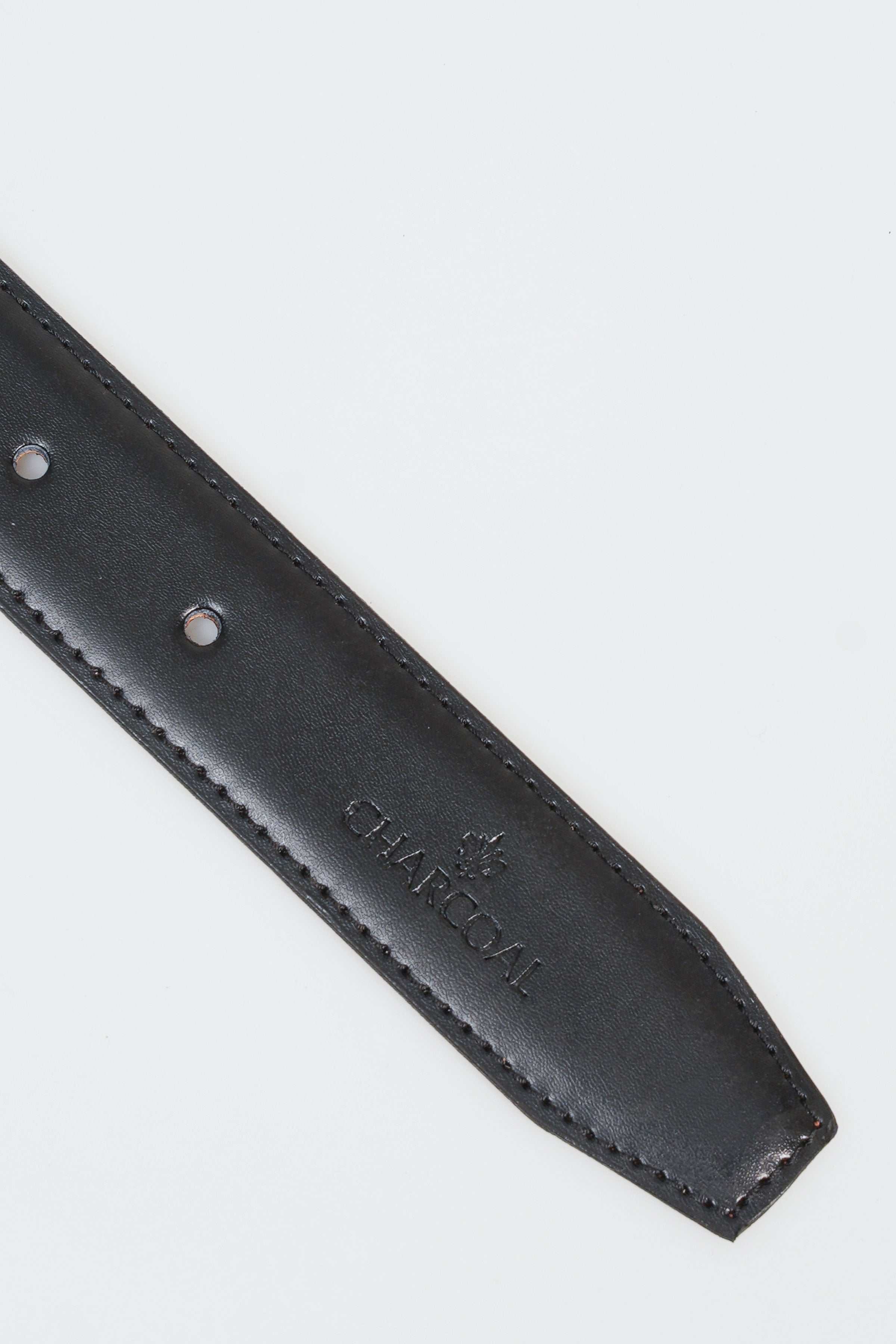 Reversible belt end tab with metal studs and stitched leather strap, dark finish