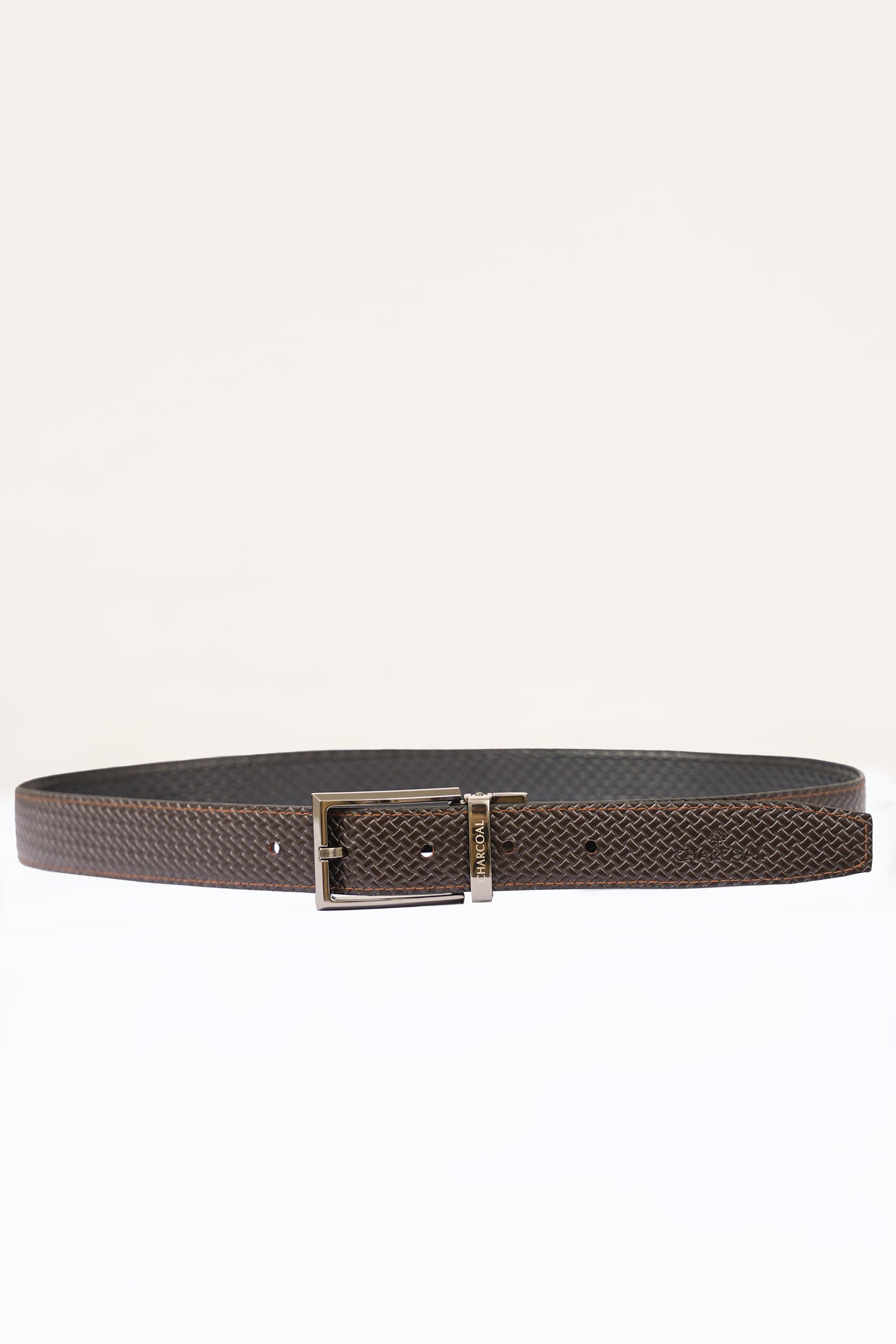 Reversible belt with metal buckle and dark brown woven strap