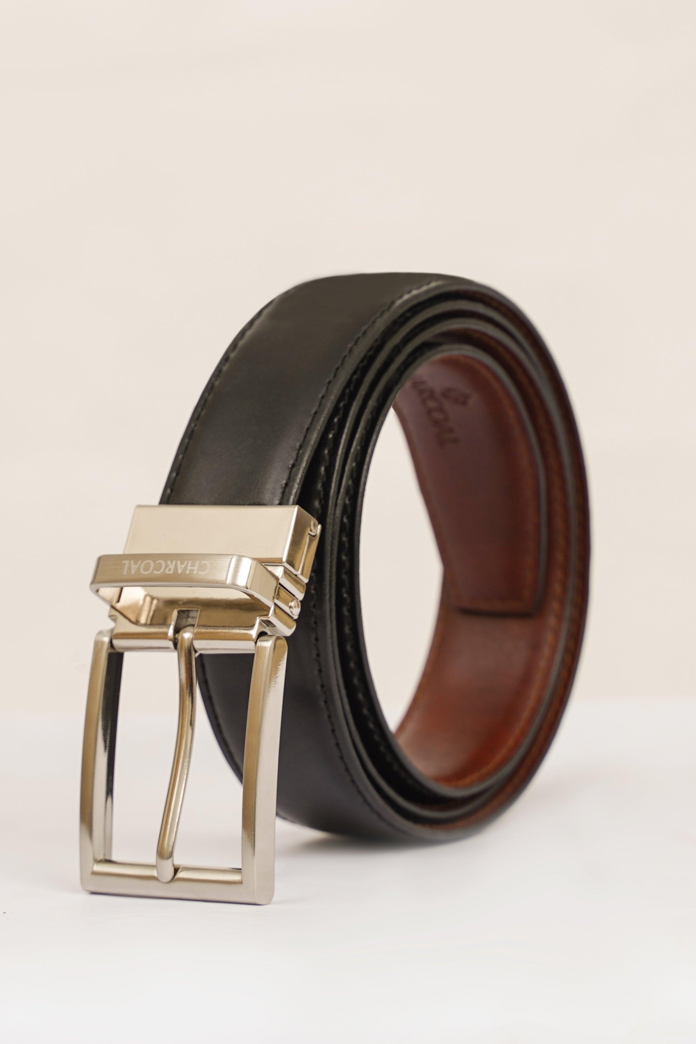Reversible belt with gold-tone buckle; dark leather side and brown leather side
