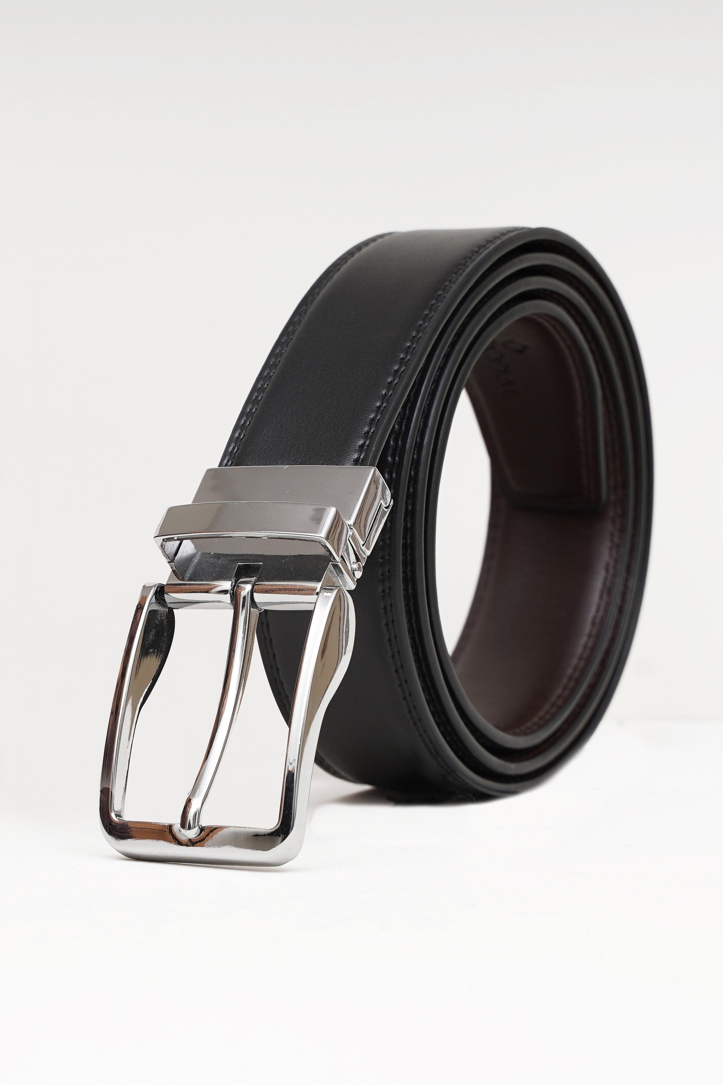 Reversible belt with silver buckle; dark strap with brown lining