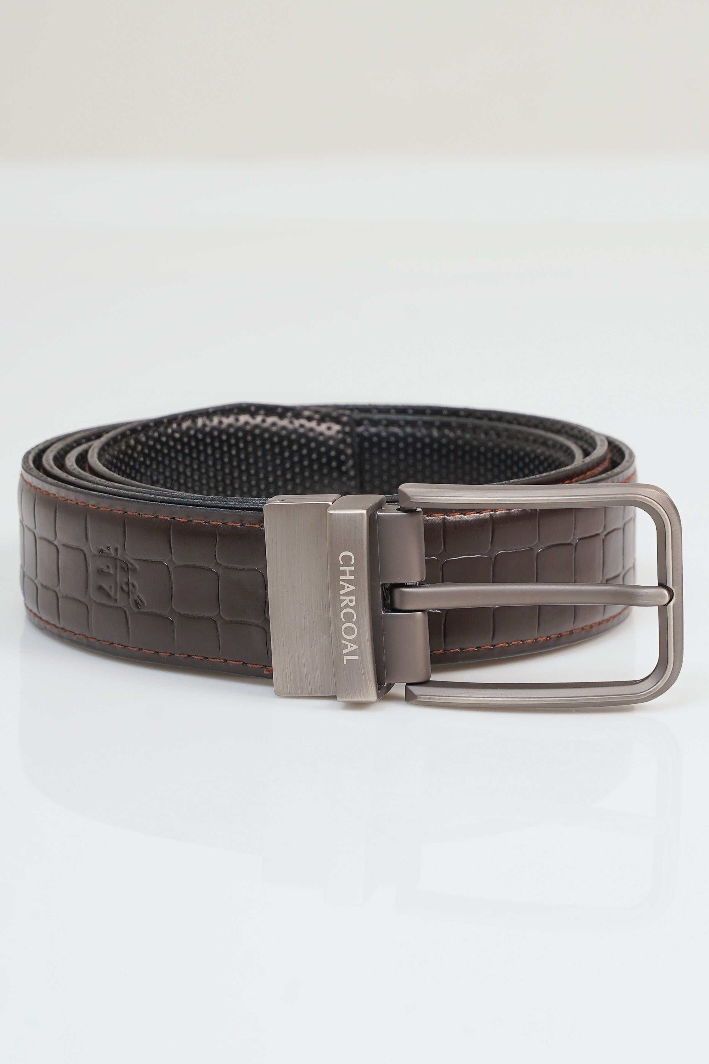 Reversible belt, dark croc-texture with silver buckle and CHAKAGON logo