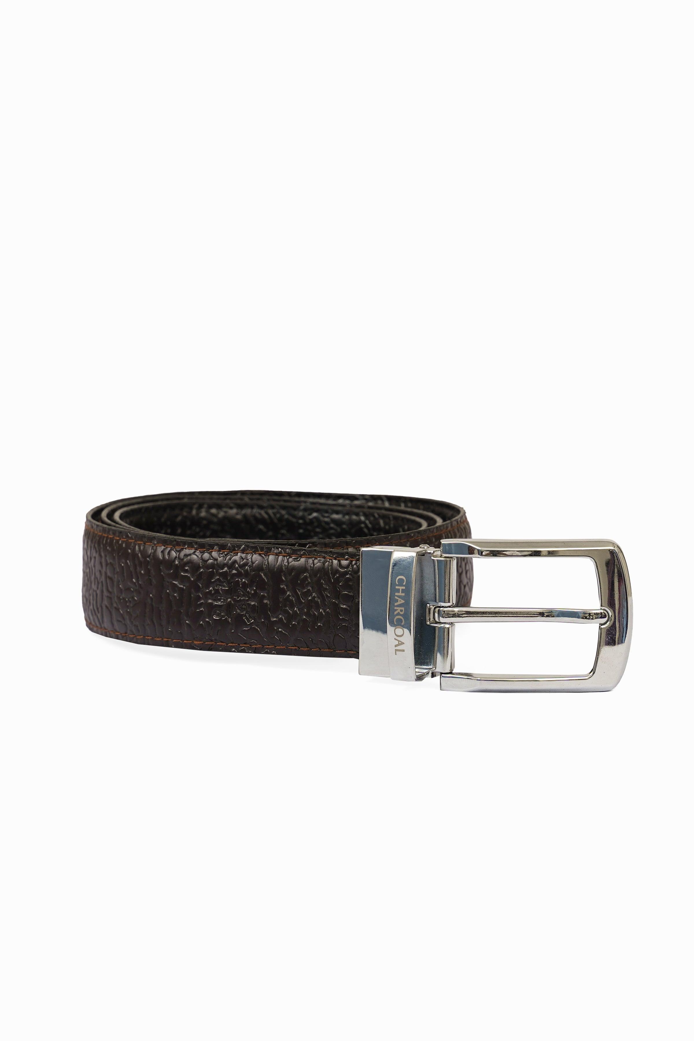 Reversible belt with dark leather and silver buckle featuring logo plate